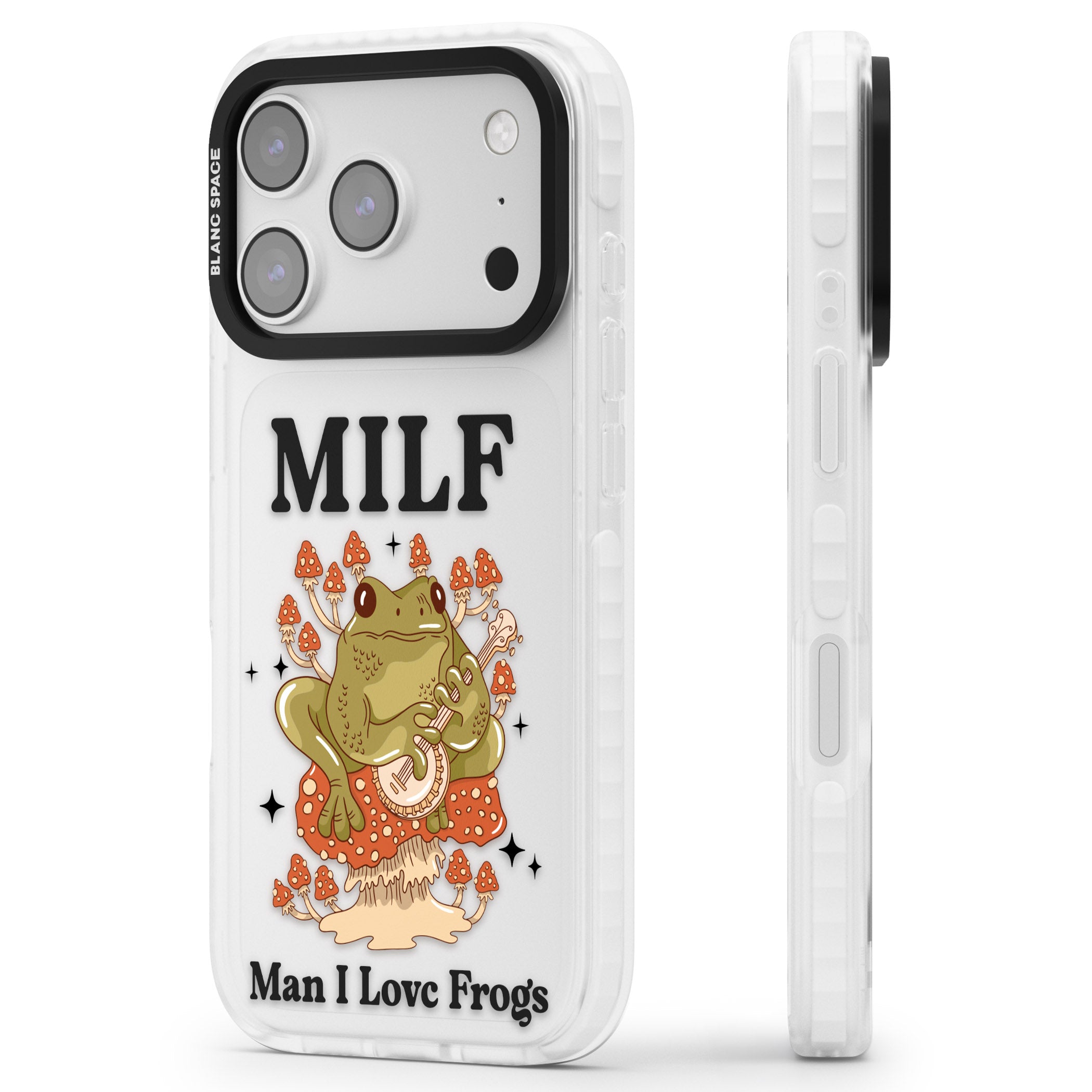 Man I Love Frogs iPhone 17 Pro Impact Clear Phone Case Side Profile