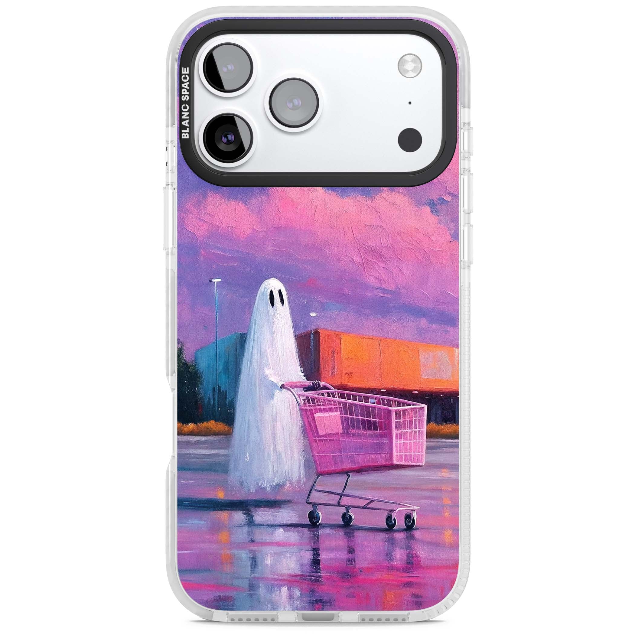 A Ghost's Errand ghost halloween iPhone case featuring a painted ghost, pink shopping trolley and purple sunset sky | Black Impact case for iPhone 17 Pro, iPhone 17 Pro Max