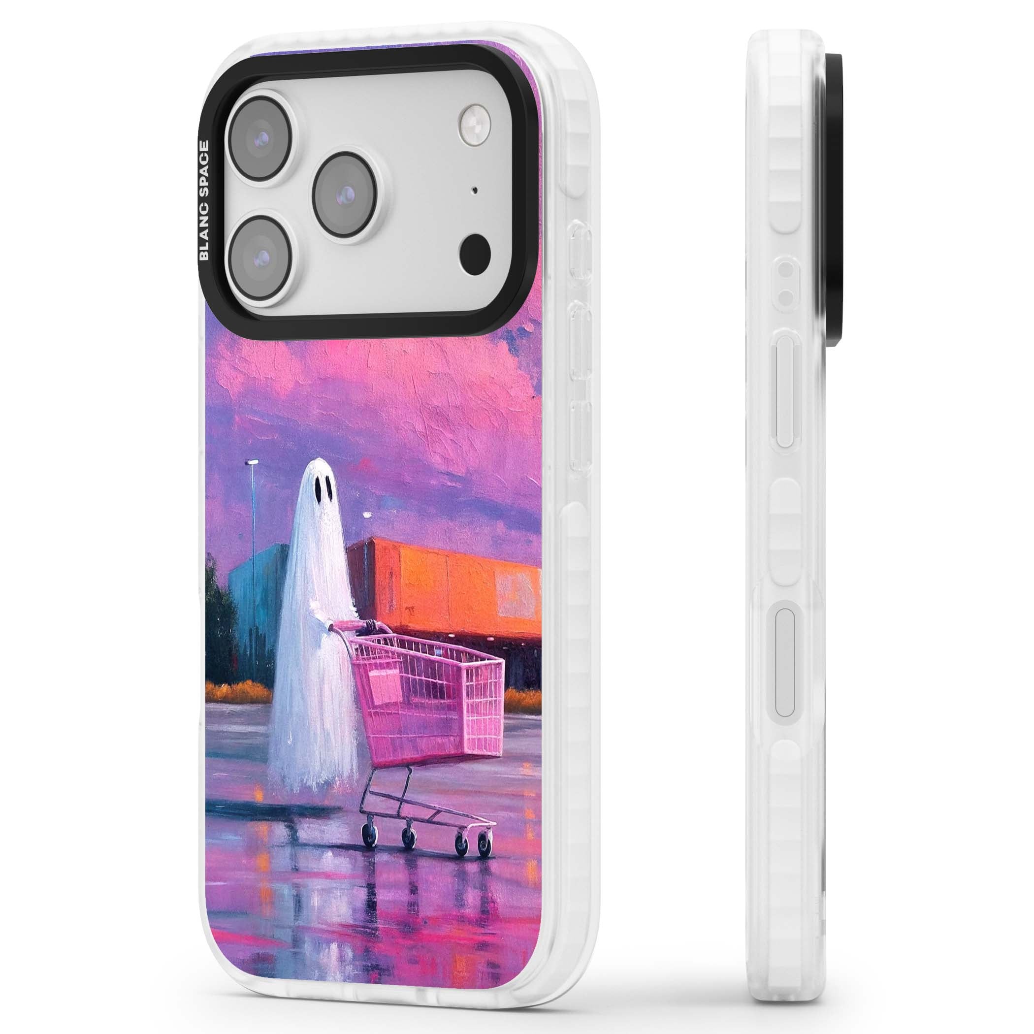 A Ghost's Errand ghost halloween iPhone case featuring a painted ghost, pink shopping trolley and purple sunset sky | Black Impact case for iPhone 17 Pro, iPhone 17 Pro Max