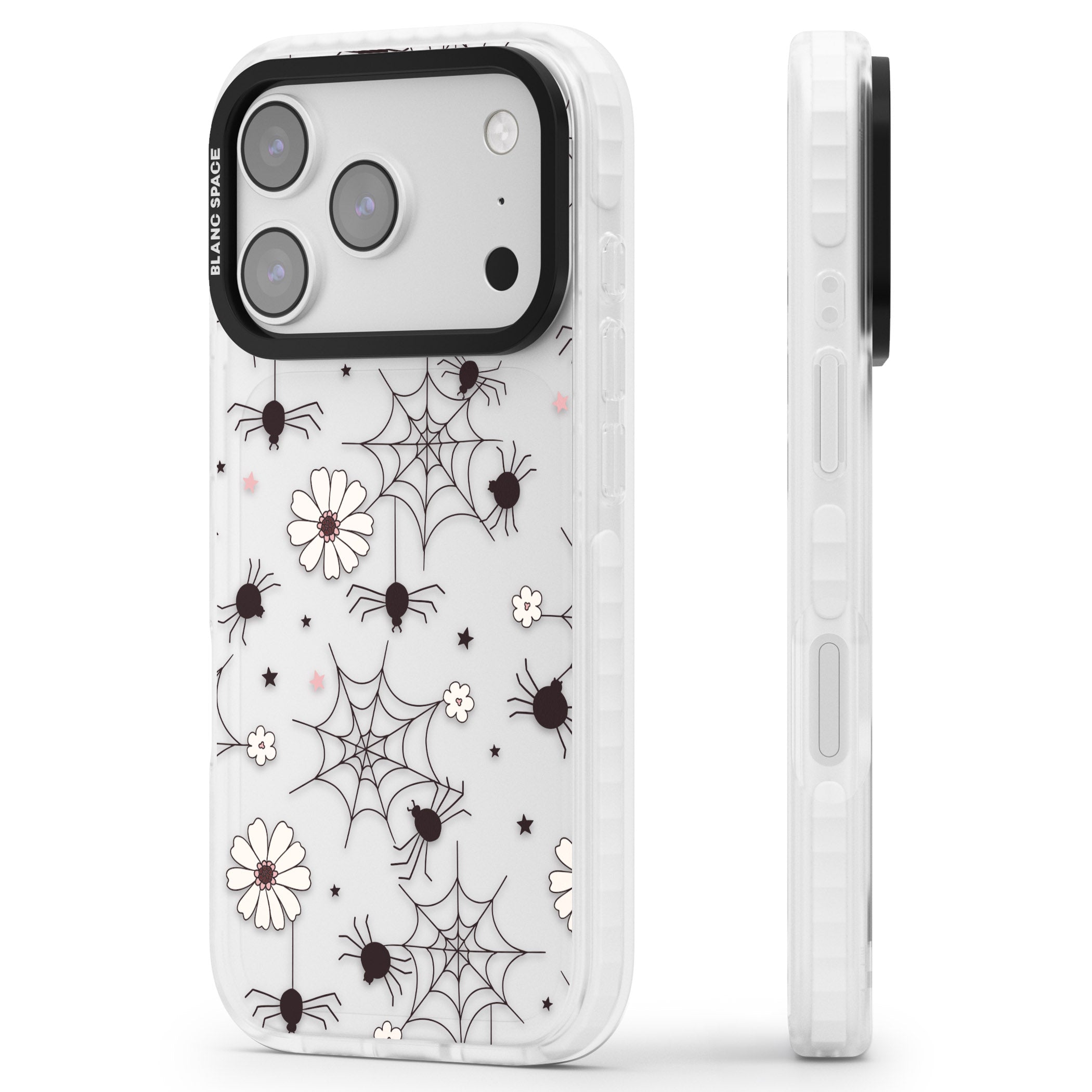 Spiders And Flowers Pattern iPhone 17 Pro Impact Clear Phone Case Side Profile