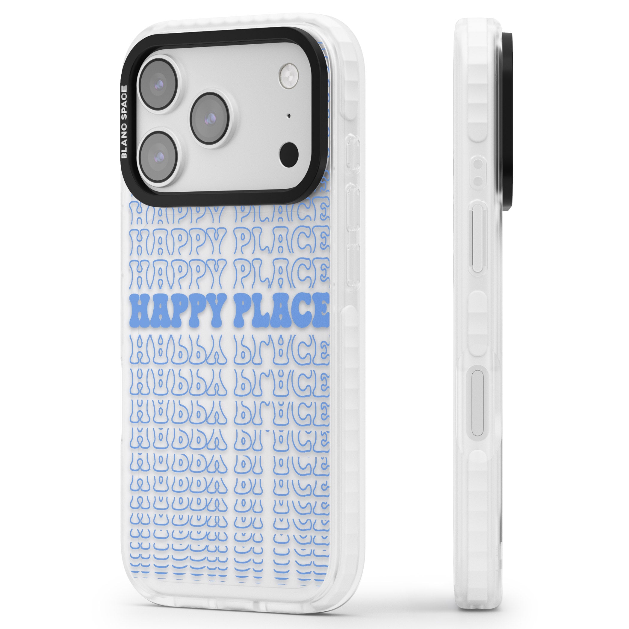 Happy Place (Blue) iPhone 17 Pro Impact Clear Phone Case Side Profile
