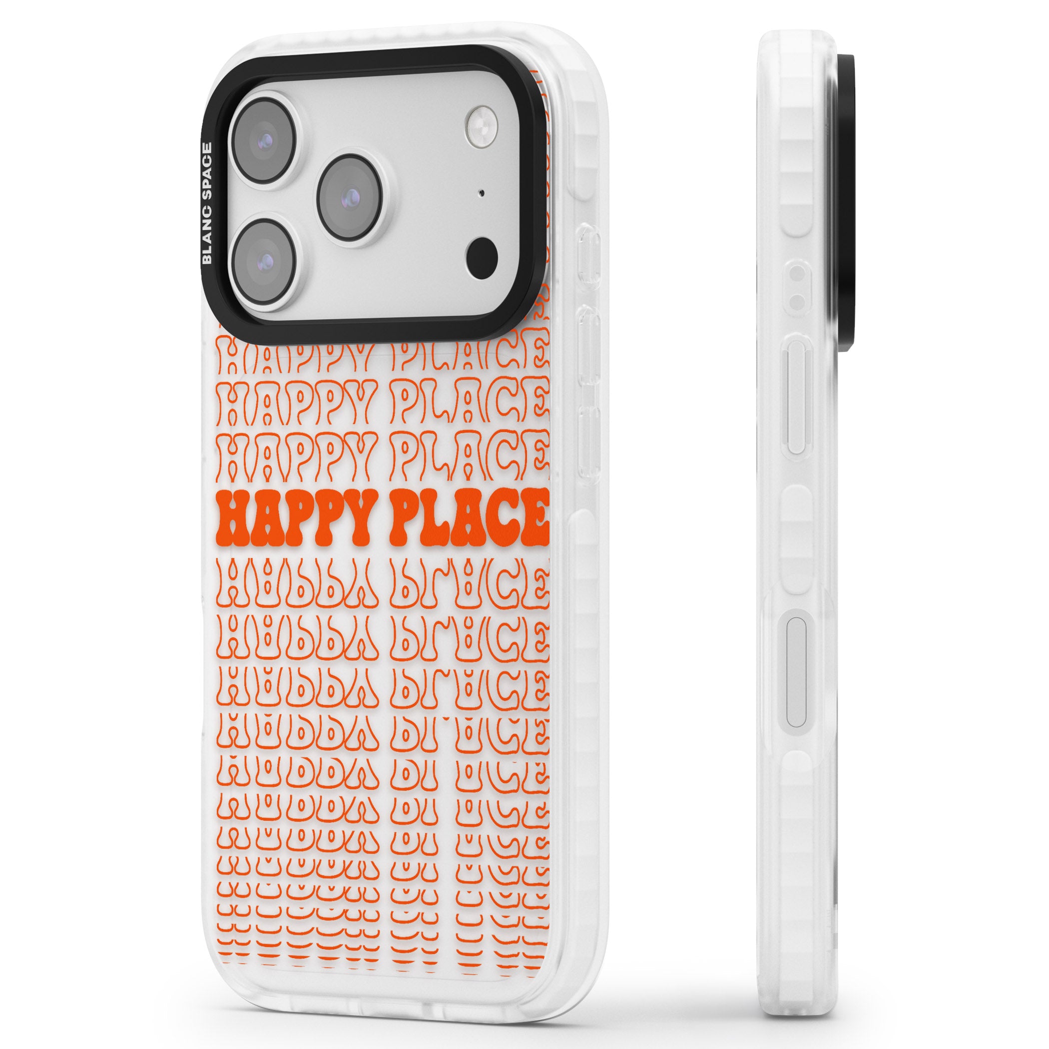 Happy Place (Orange) iPhone 17 Pro Impact Clear Phone Case Side Profile