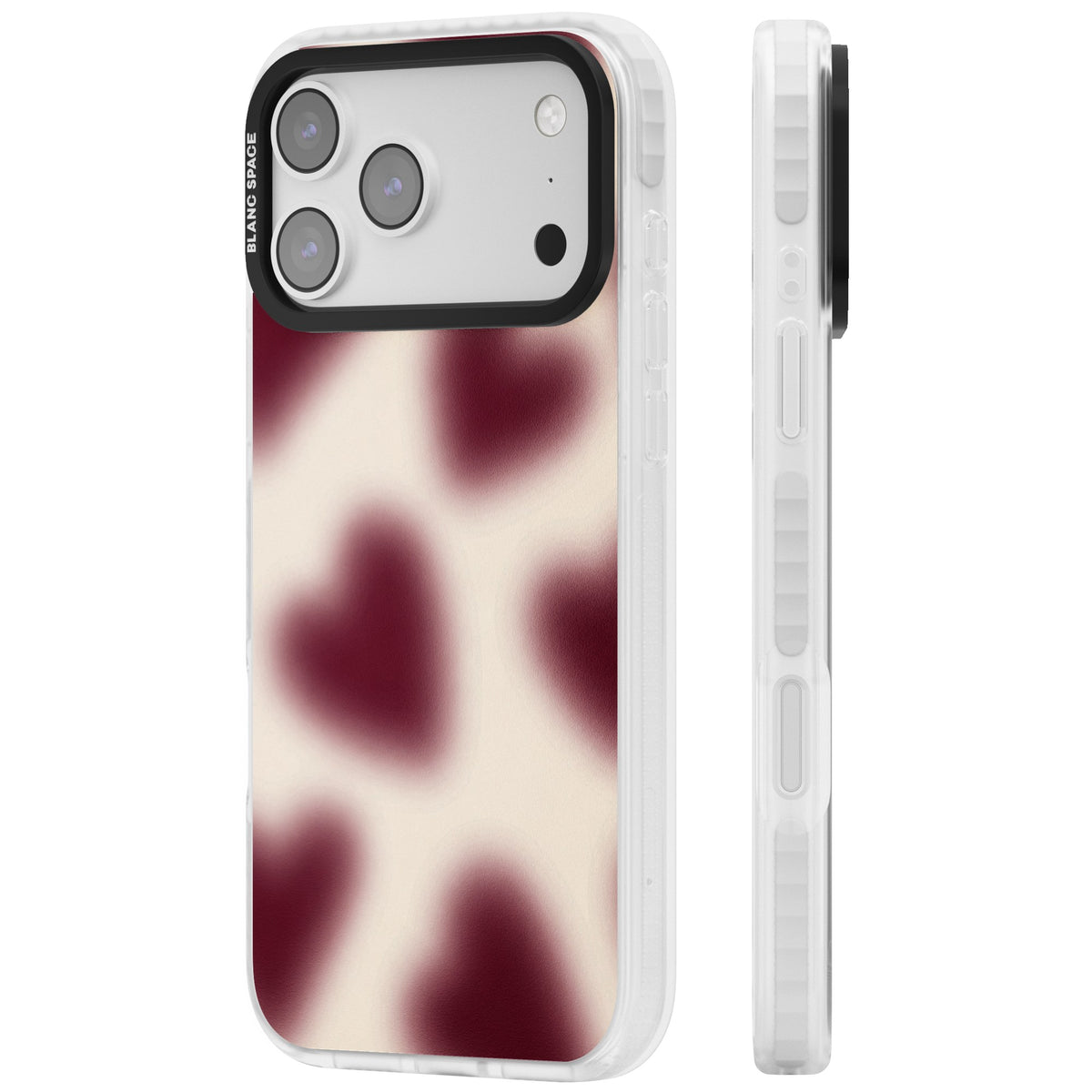 Velvet Hearts coquette iPhone case featuring blurry burgundy aura hearts on a soft cream background iPhone 17 Pro Max Impact Clear Phone Case side