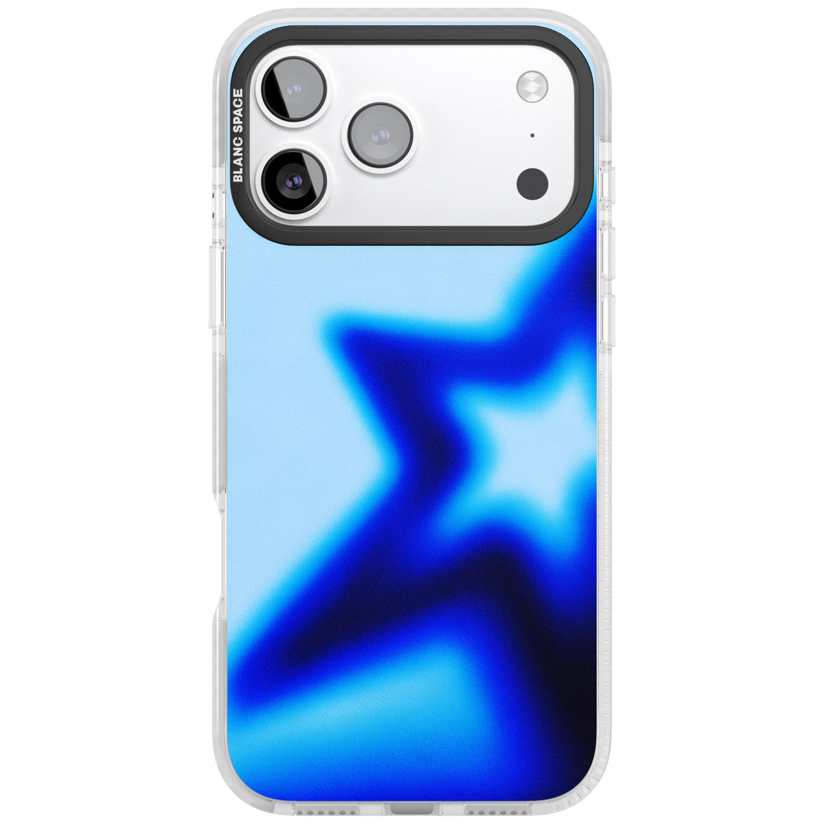 Electric Y2K iPhone case featuring a blurred blue aura star, deep cobalt glow and soft sky-blue gradient iPhone 17 Pro Max Impact Clear Phone Case front