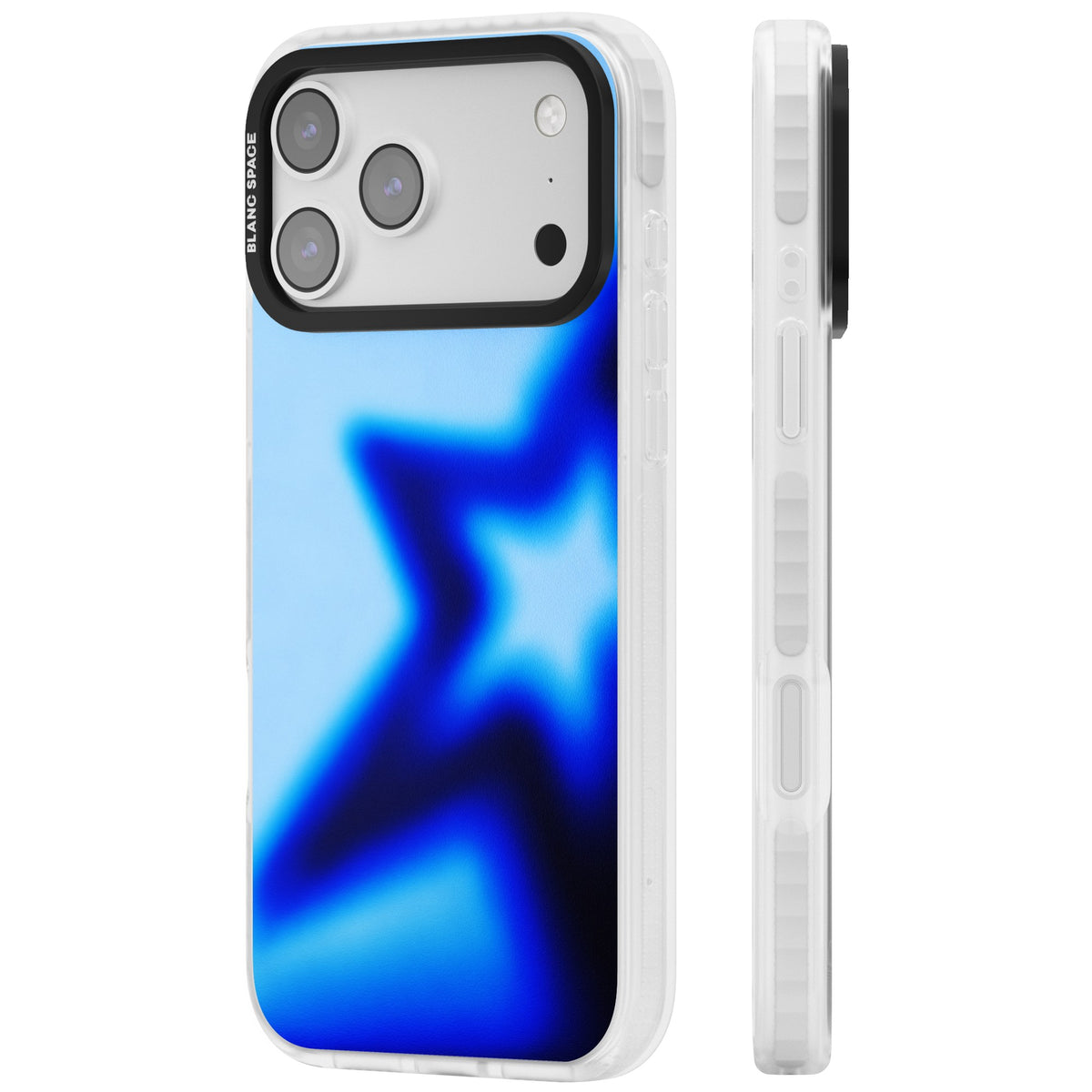 Electric Y2K iPhone case featuring a blurred blue aura star, deep cobalt glow and soft sky-blue gradient iPhone 17 Pro Max Impact Clear Phone Case side