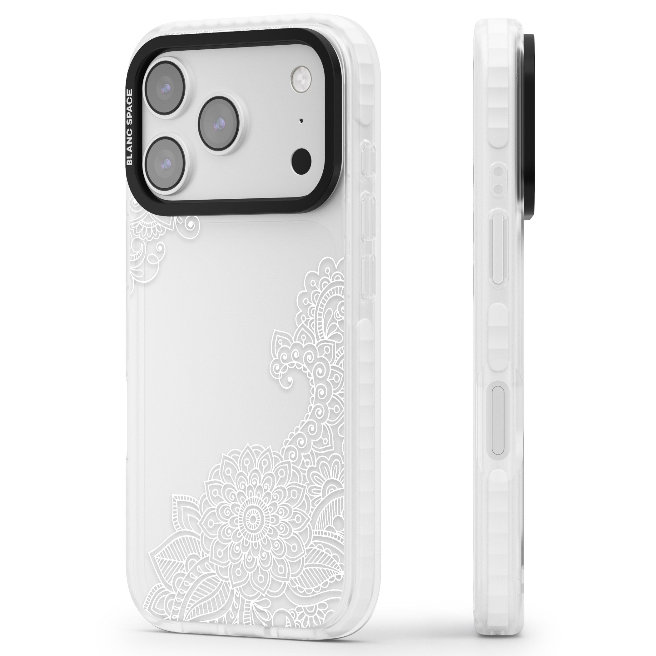 White Henna Botanicals iPhone 17 Pro Impact Clear Phone Case Side Profile
