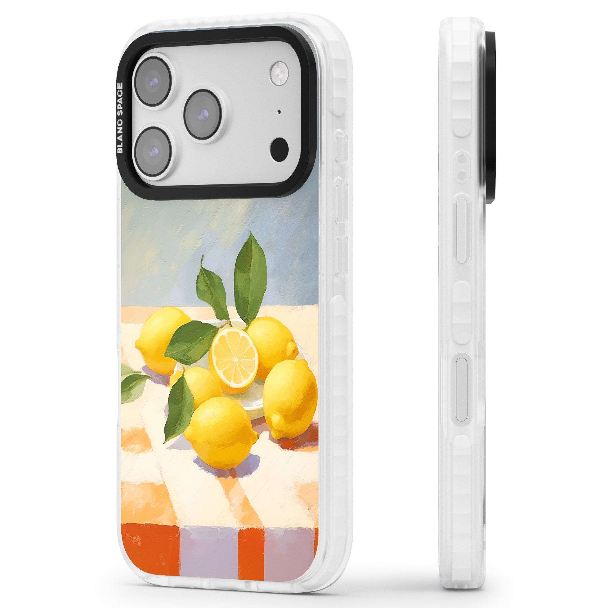 Lemons on Checkered Cloth iPhone 17 Pro Impact Clear Phone Case Side Profile