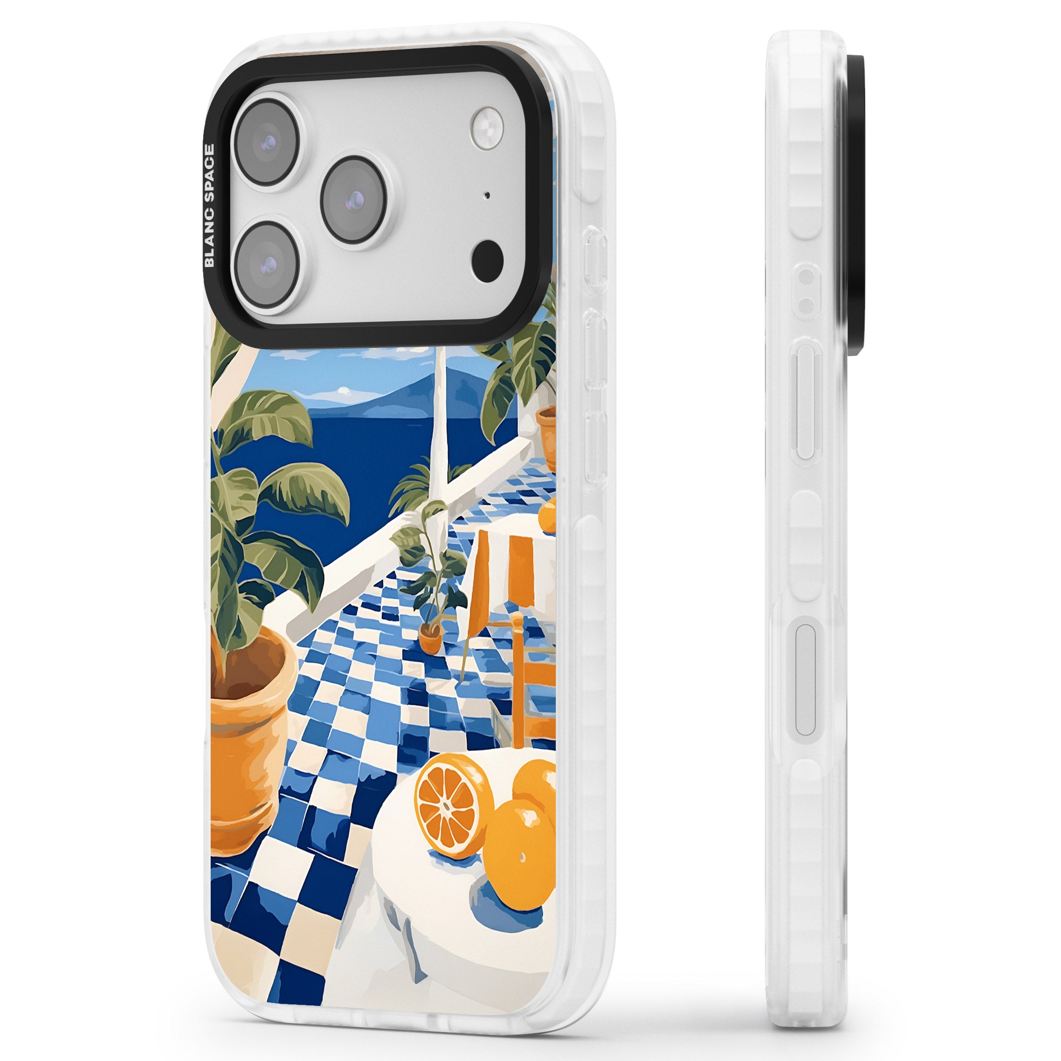 Greek Balcony iPhone 17 Pro Impact Clear Phone Case Side Profile