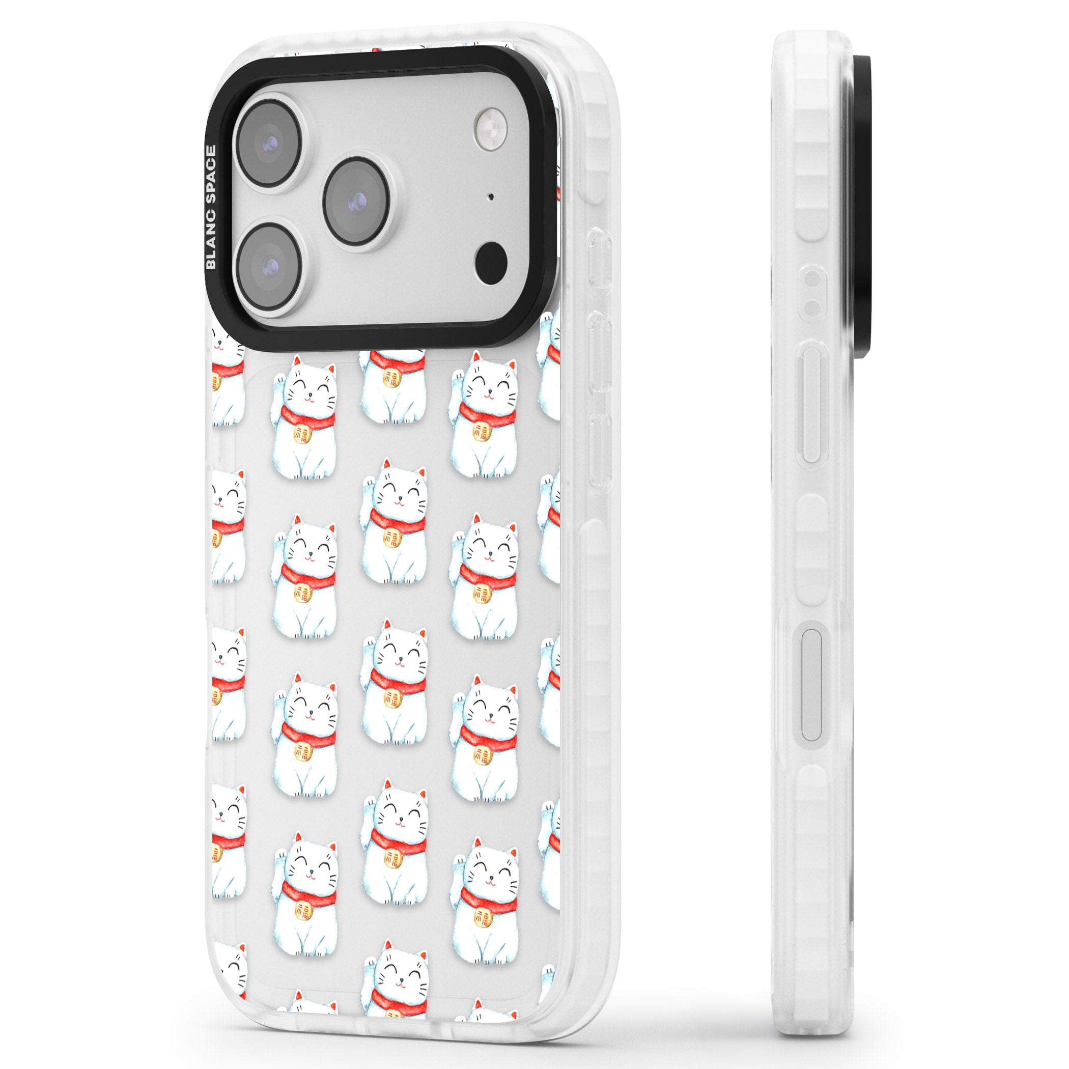 Lucky Cat Pattern iPhone 17 Pro Impact Clear Phone Case Side Profile