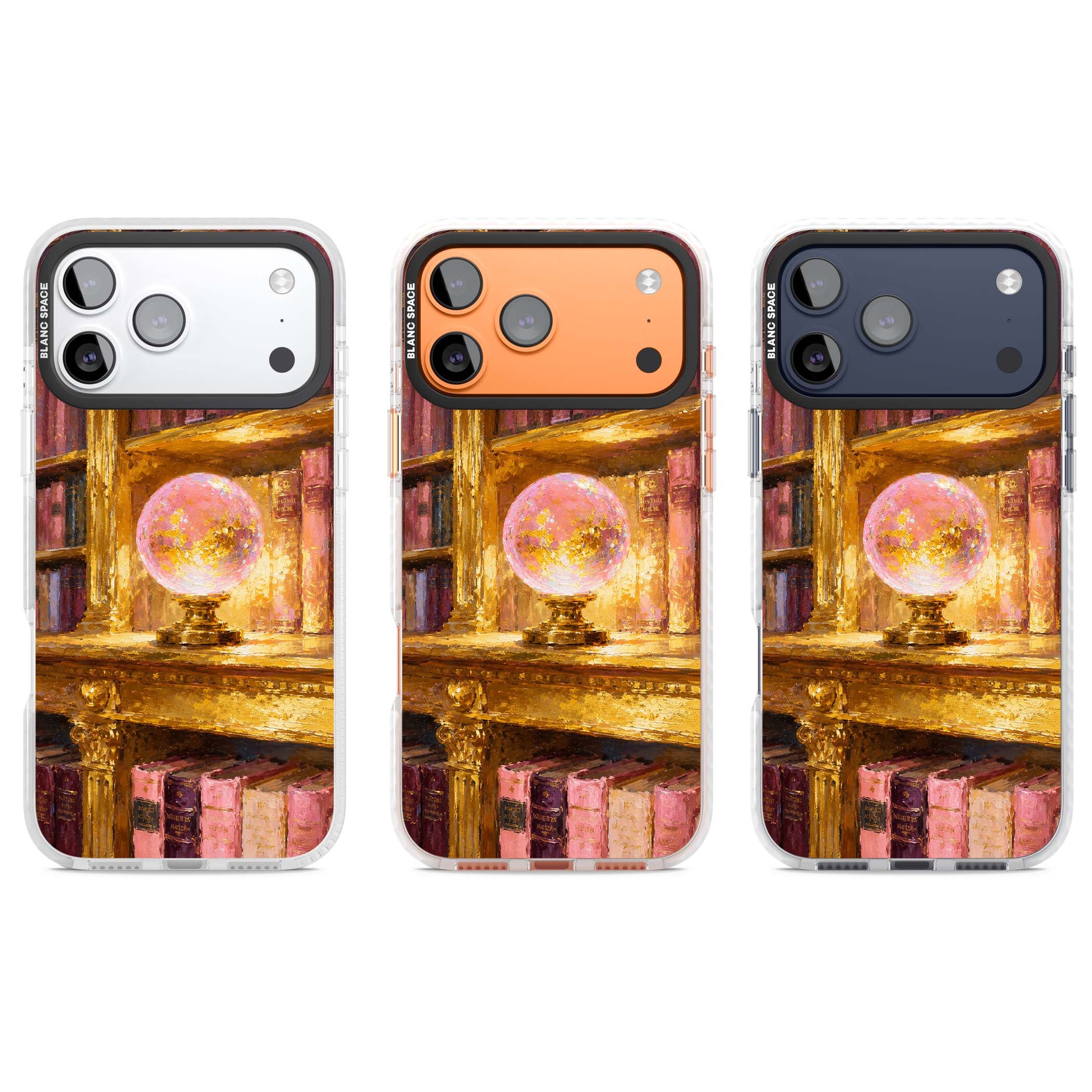 Gilded Library dark academia iPhone case featuring an oil painted crystal ball on a gilded library shelf with vintage | Black Impact case for iPhone 17 Pro, iPhone 17 Pro Max