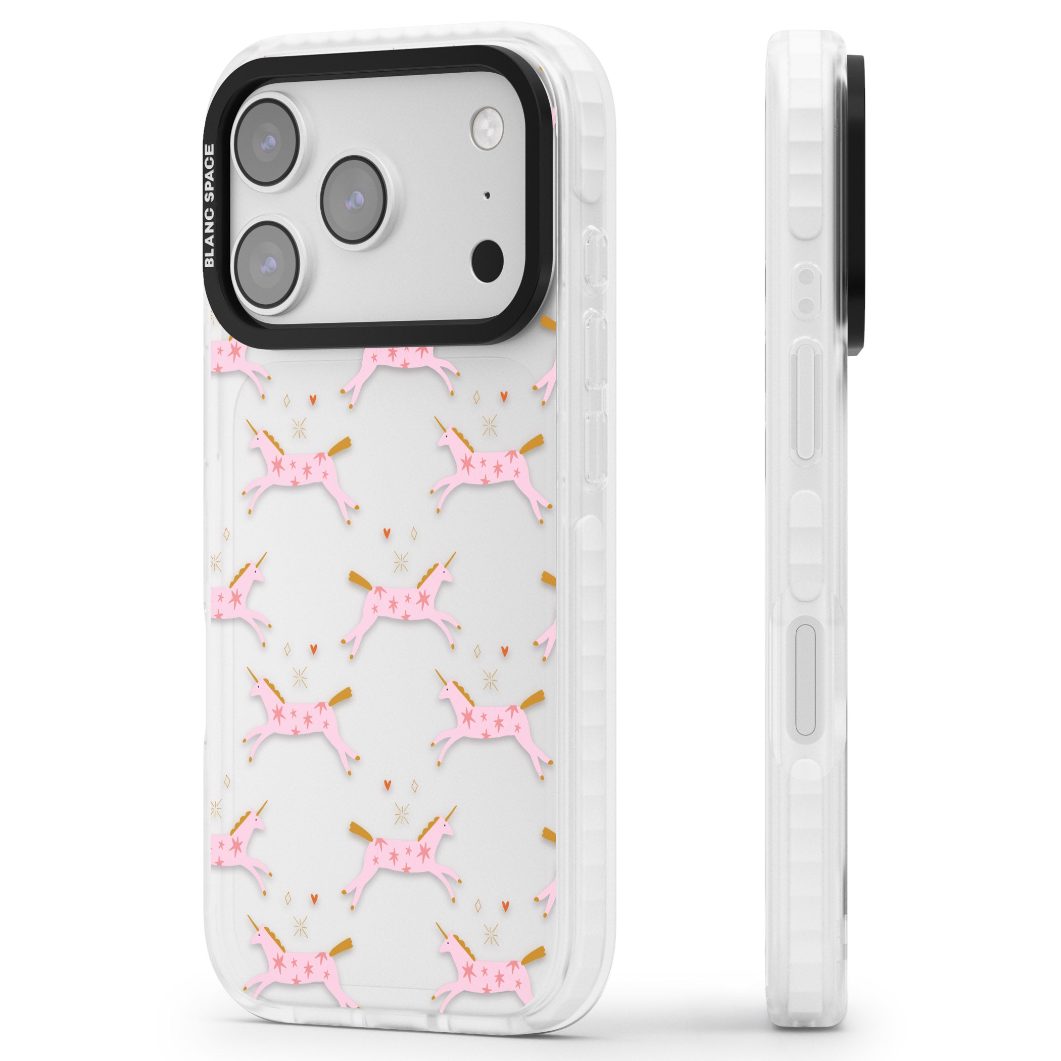 Pink Unicorn iPhone 17 Pro Impact Clear Phone Case Side Profile
