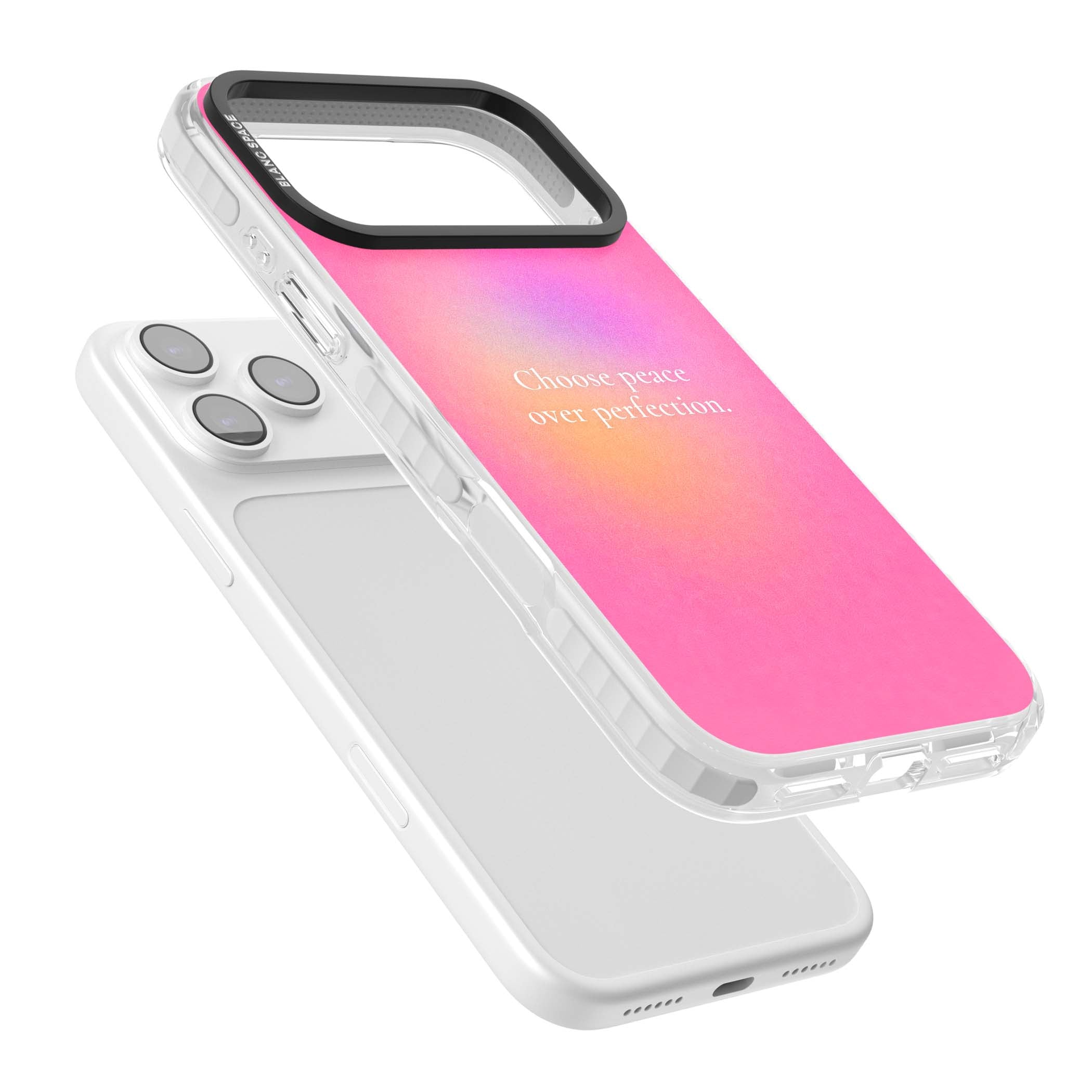 Peace Over Perfection quote iPhone case featuring a dreamy pink aura gradient and delicate white affirmation text | Impact Magsafe case for iPhone 17 Pro, iPhone 17 Pro Max