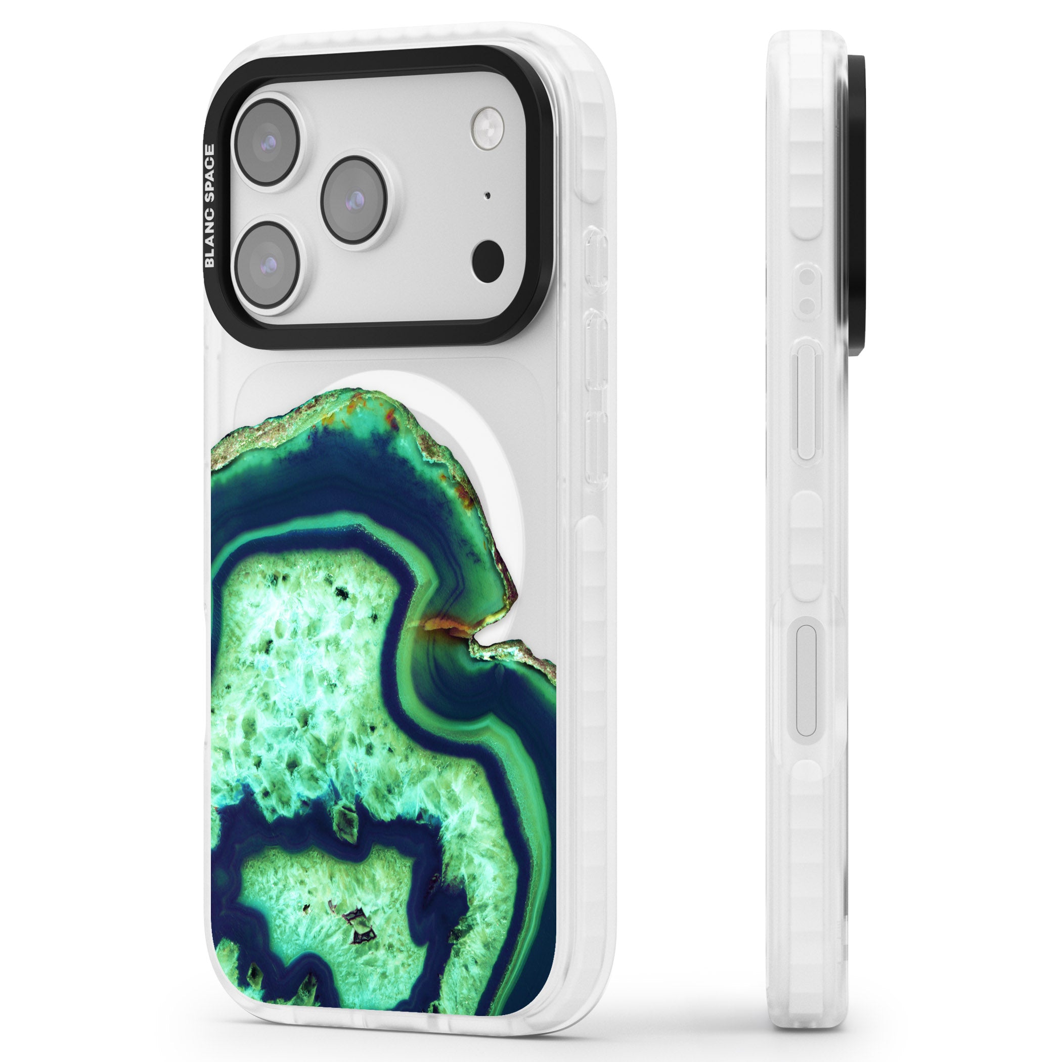 Emerald Agate Slice iPhone 17 Pro Impact Pro Clear Phone Case Side Profile
