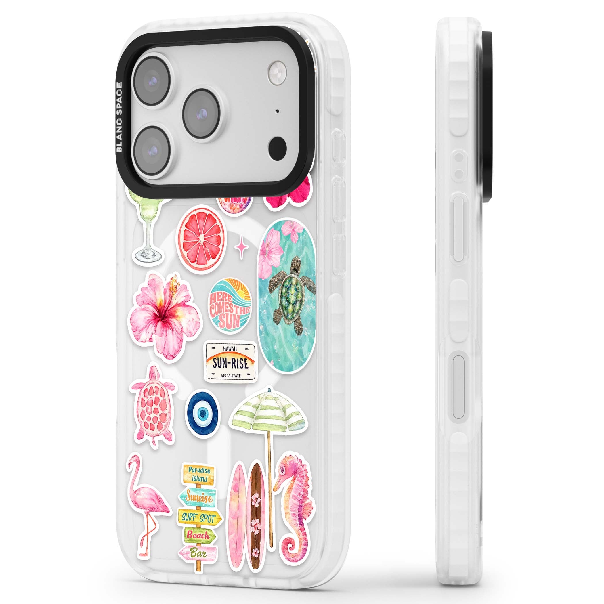 Aloha Sticker Mix tropical summer iPhone case featuring pink hibiscus, sea turtles, flamingo and beach umbrella stickers | Impact Magsafe case for iPhone 17 Pro, iPhone 17 Pro Max