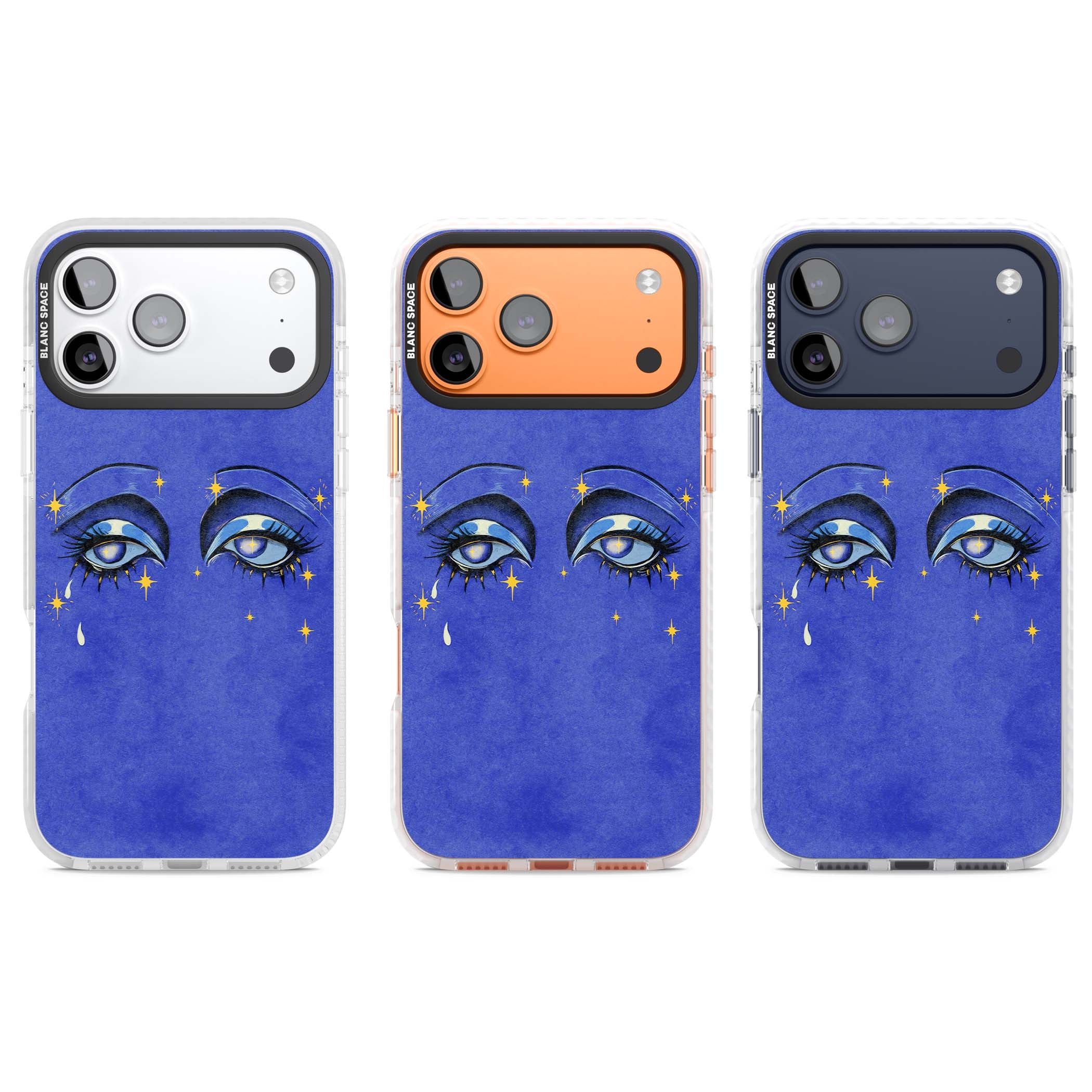 Blue Mystic Eyes celestial iPhone case featuring hand drawn blue mystical eyes, golden stars and a painted tear on indigo | Impact Magsafe case for iPhone 17 Pro, iPhone 17 Pro Max