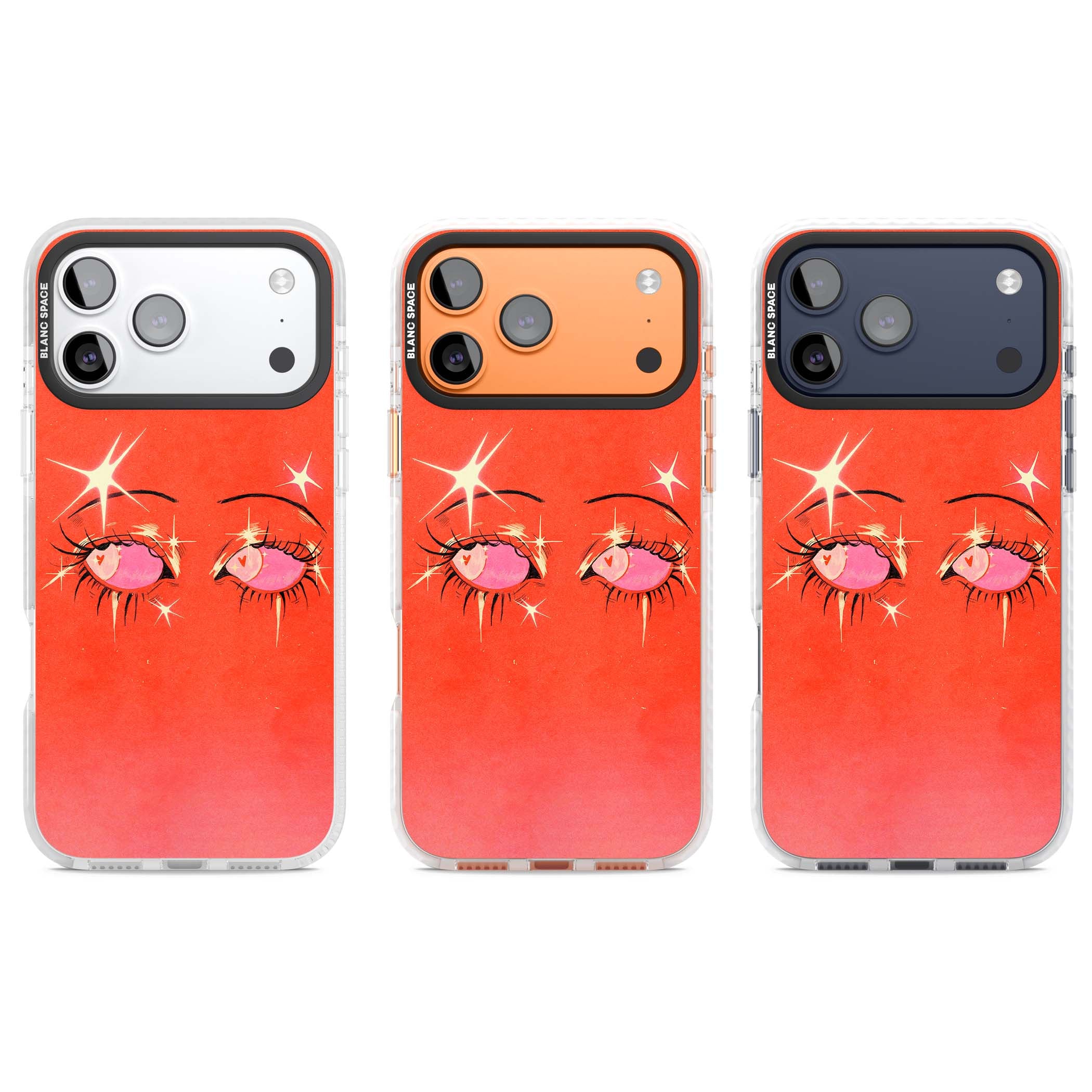 Pink Ethereal Eyes anime iPhone case featuring hand-drawn sparkly eyes with pink hearts and gold stars on red | Impact Magsafe case for iPhone 17 Pro, iPhone 17 Pro Max
