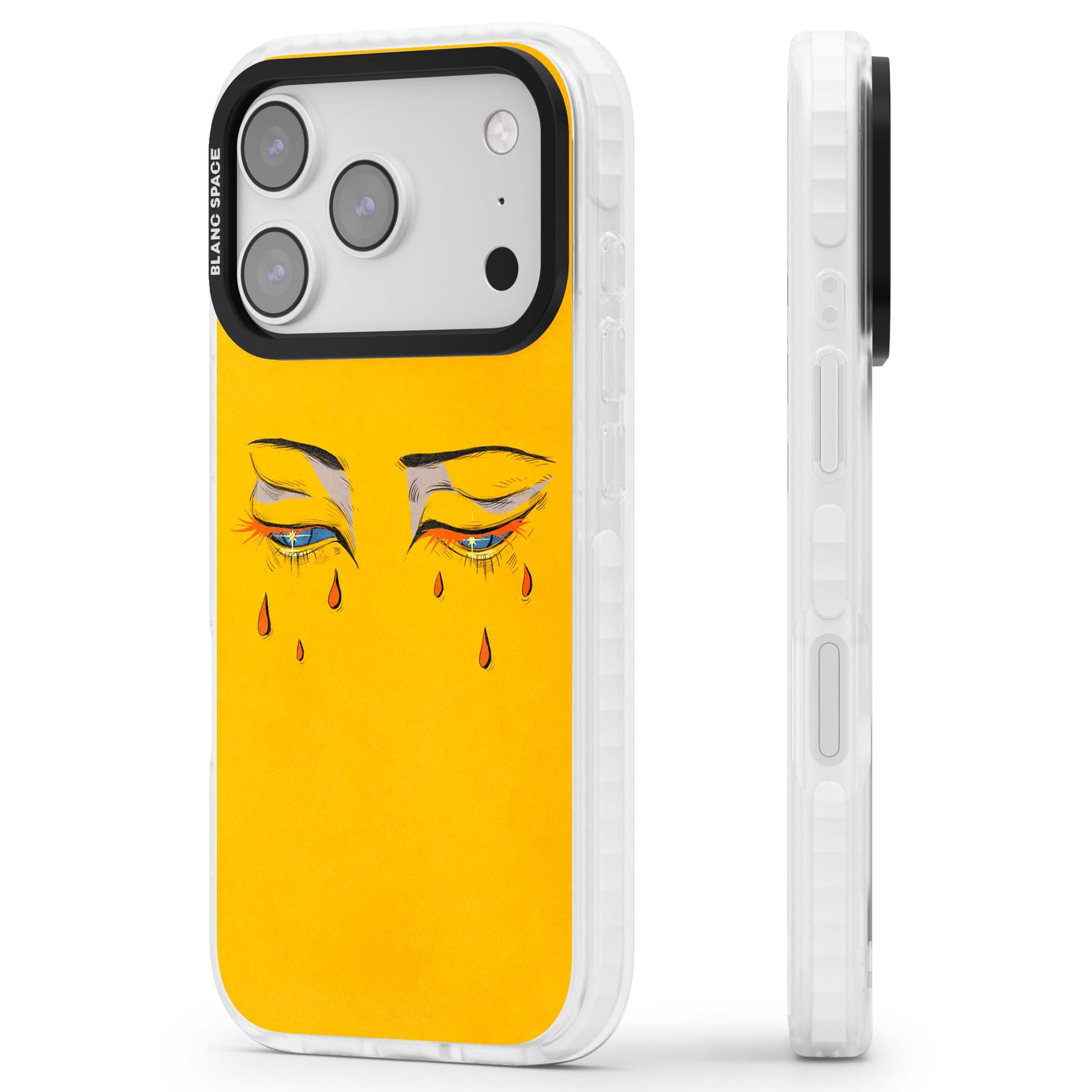 Yellow Tearful Eyes indie iPhone case featuring hand-drawn crying eyes with orange tears on a yellow background | Impact Magsafe case for iPhone 17 Pro, iPhone 17 Pro Max