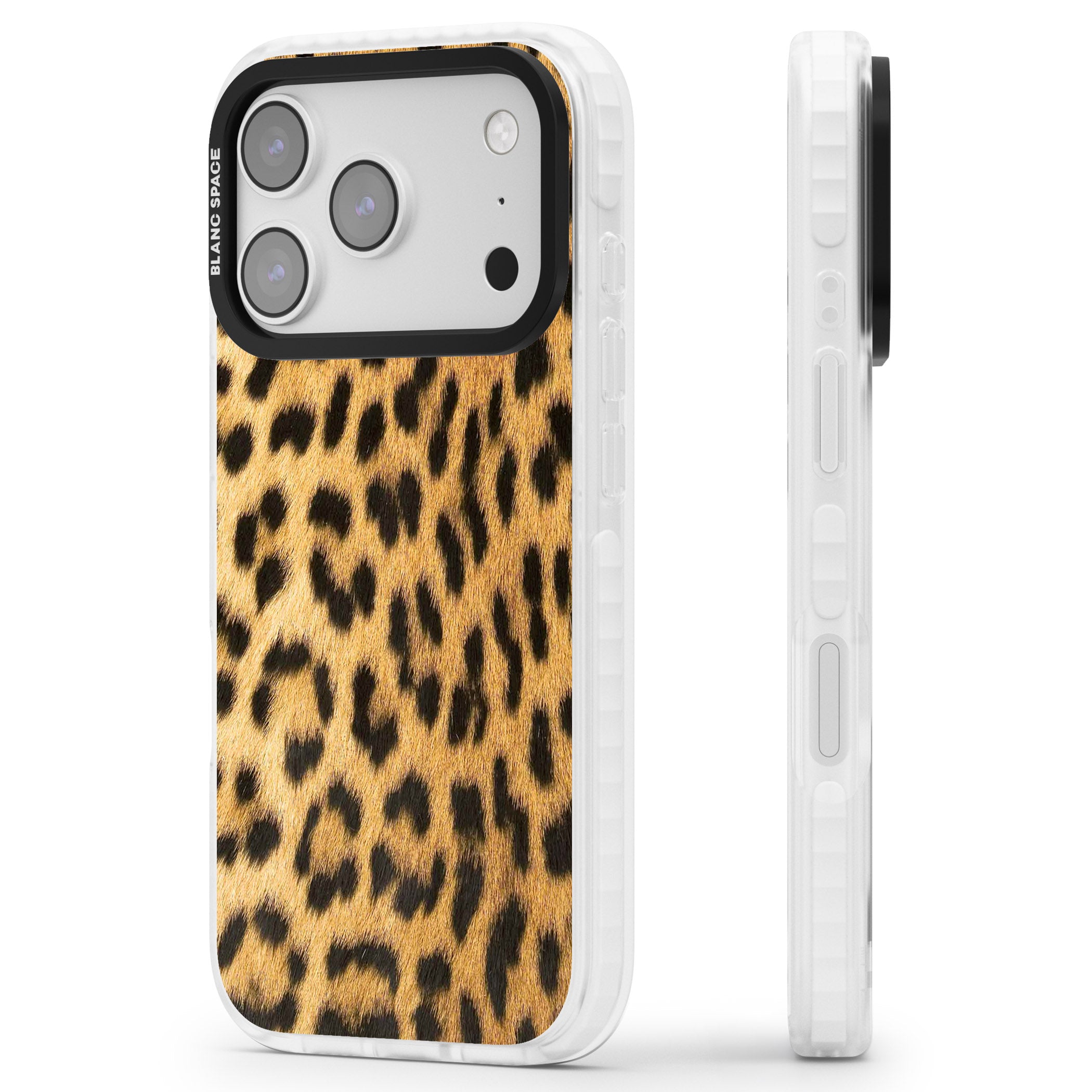 Designer Fashion Gold Leopard Print iPhone 17 Pro Impact Pro Clear Phone Case Side Profile