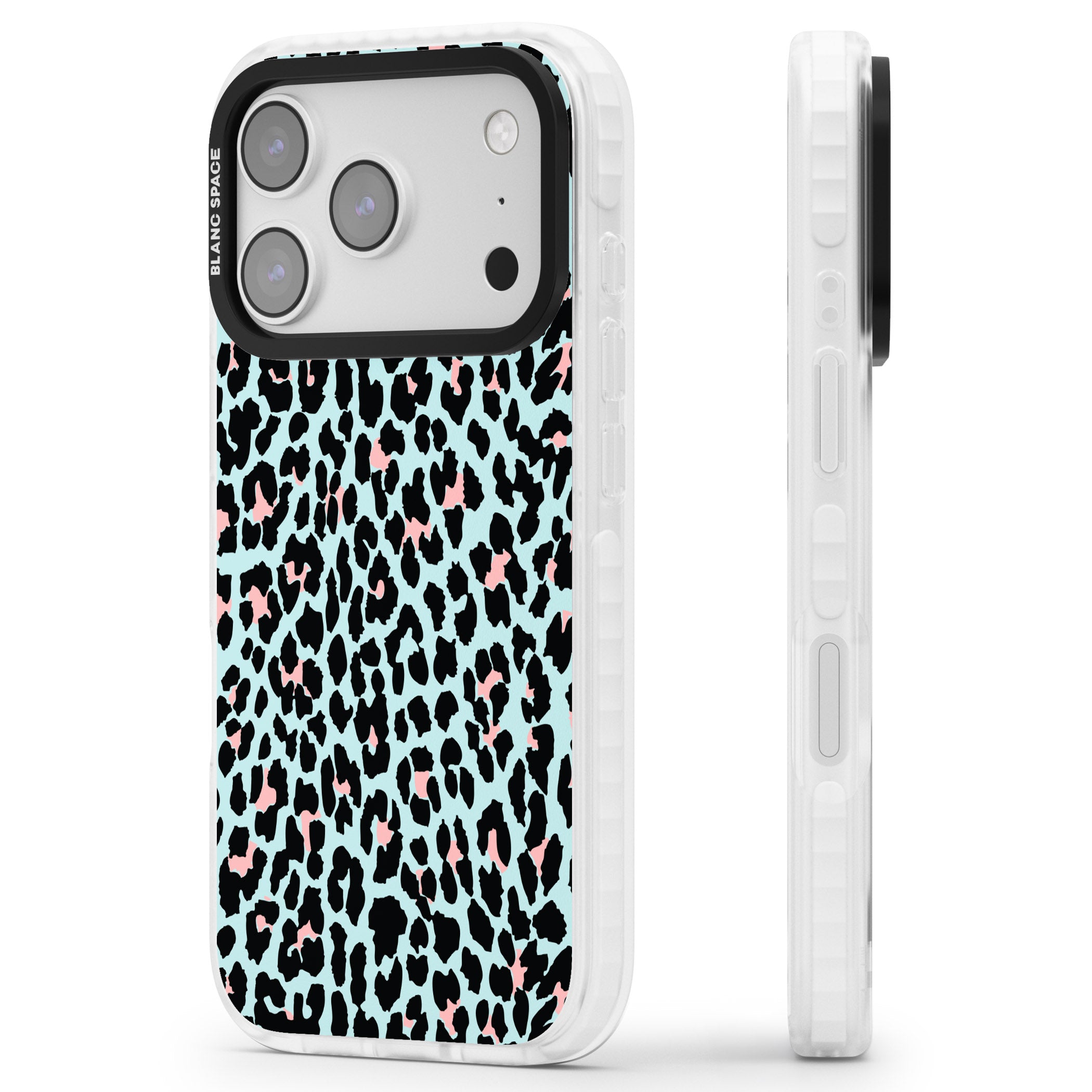 Pastel Blue & Pink Leopard Print iPhone 17 Pro Impact Pro Clear Phone Case Side Profile