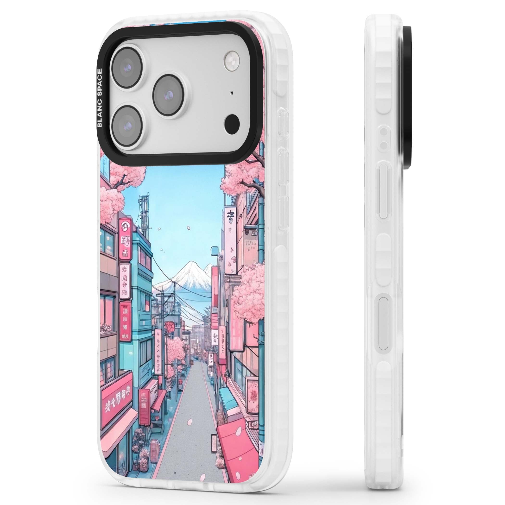 Sakura Lane anime iPhone case featuring Tokyo street scene with cherry blossoms and Mount Fuji | Impact Magsafe case for iPhone 17 Pro, iPhone 17 Pro Max