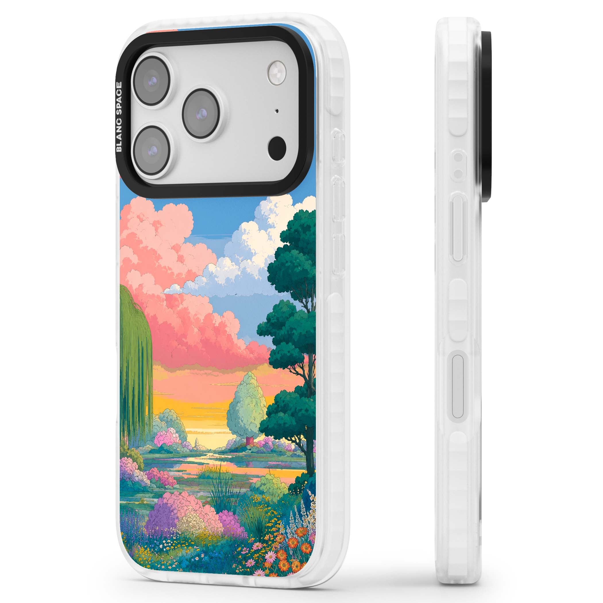 Dream Valley anime landscape iPhone case featuring pink sunset clouds, willow trees and wildflowers | Impact Magsafe case for iPhone 17 Pro, iPhone 17 Pro Max