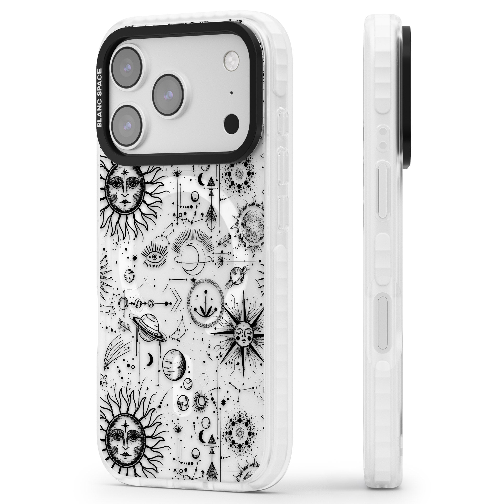Cosmic Sun & Planets Zodiac iPhone 17 Pro Impact Pro Clear Phone Case Side Profile