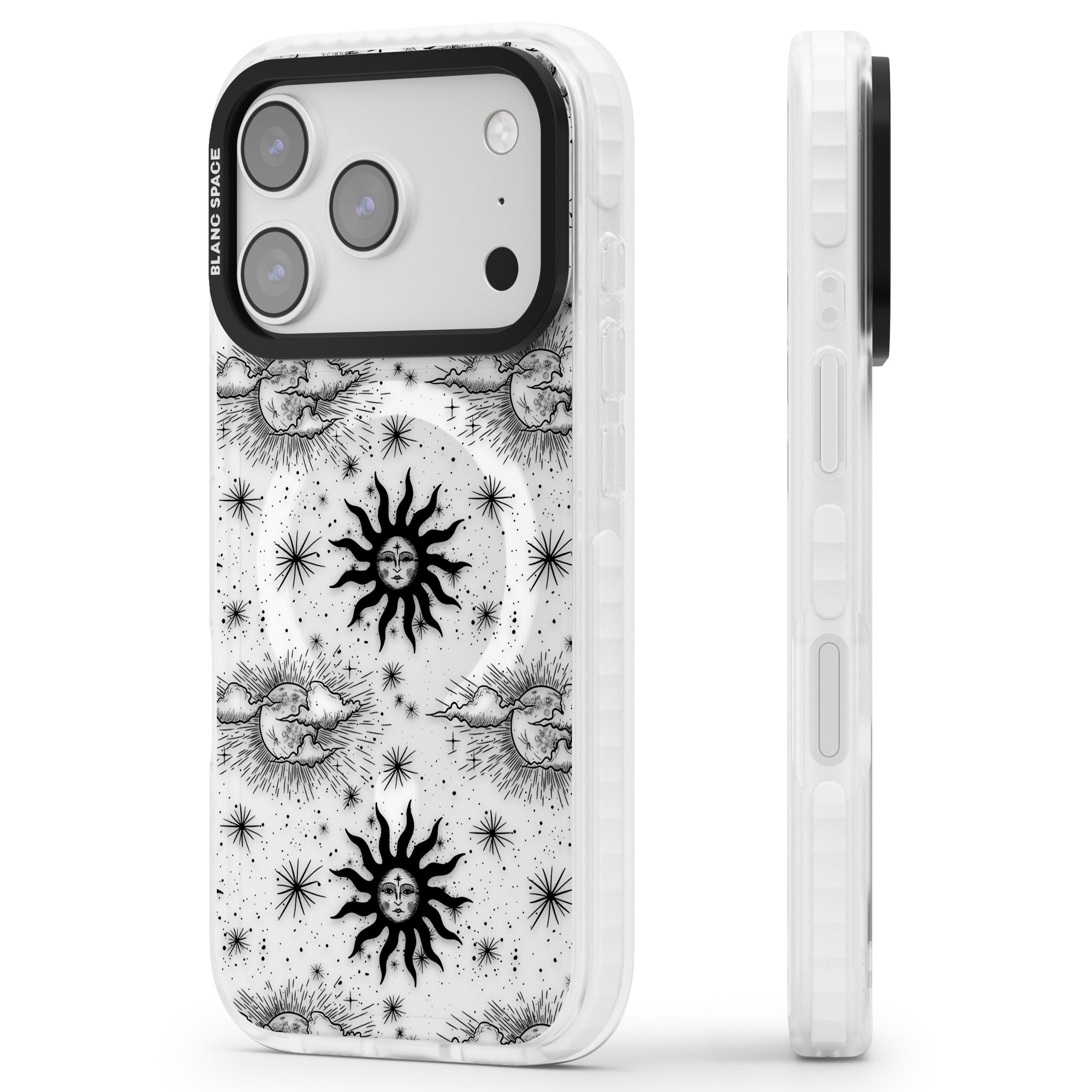 Vintage Sun & Moon iPhone 17 Pro Impact Pro Clear Phone Case Side Profile