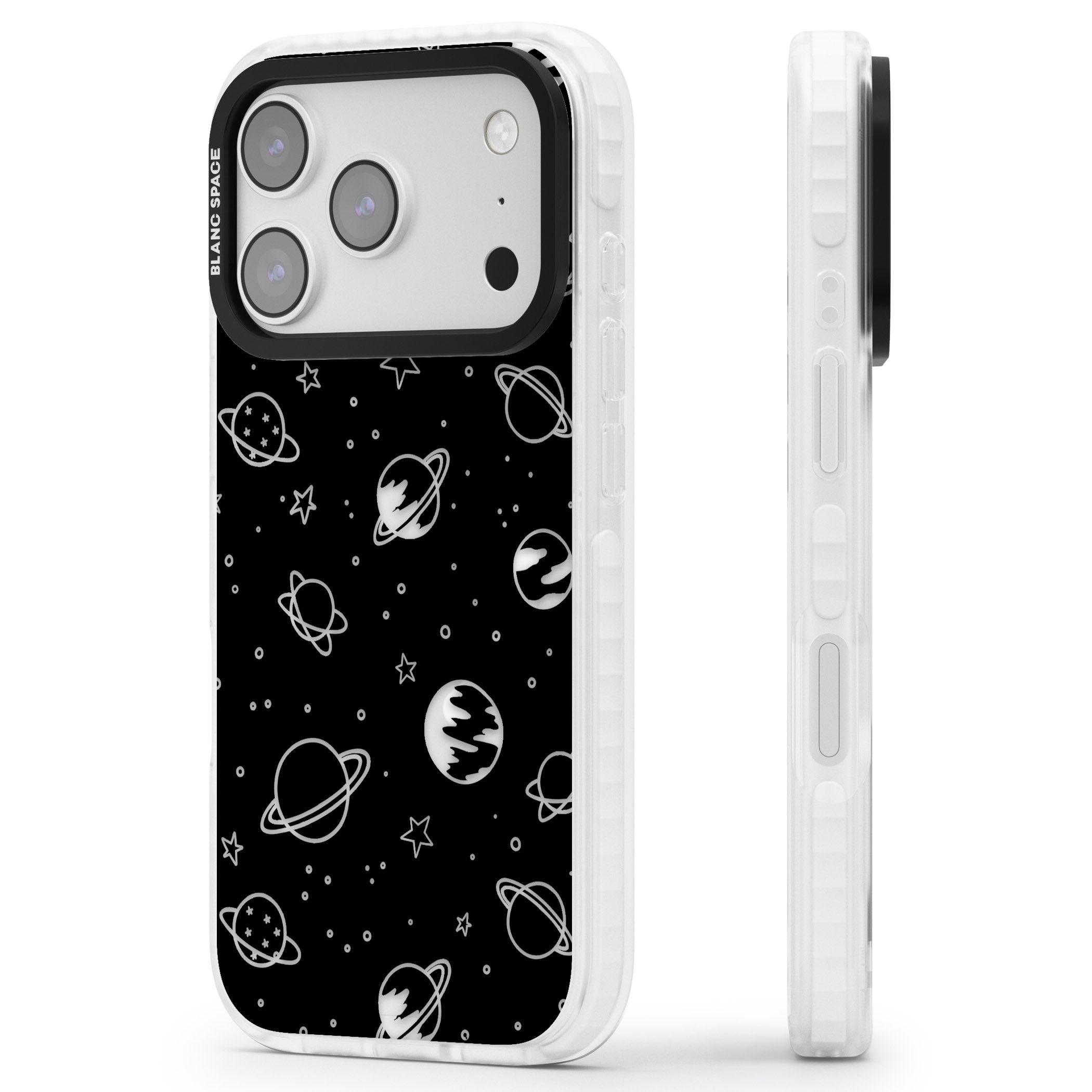 Cosmic Sketch Clear Black iPhone 17 Pro Impact Pro Clear Phone Case Side Profile