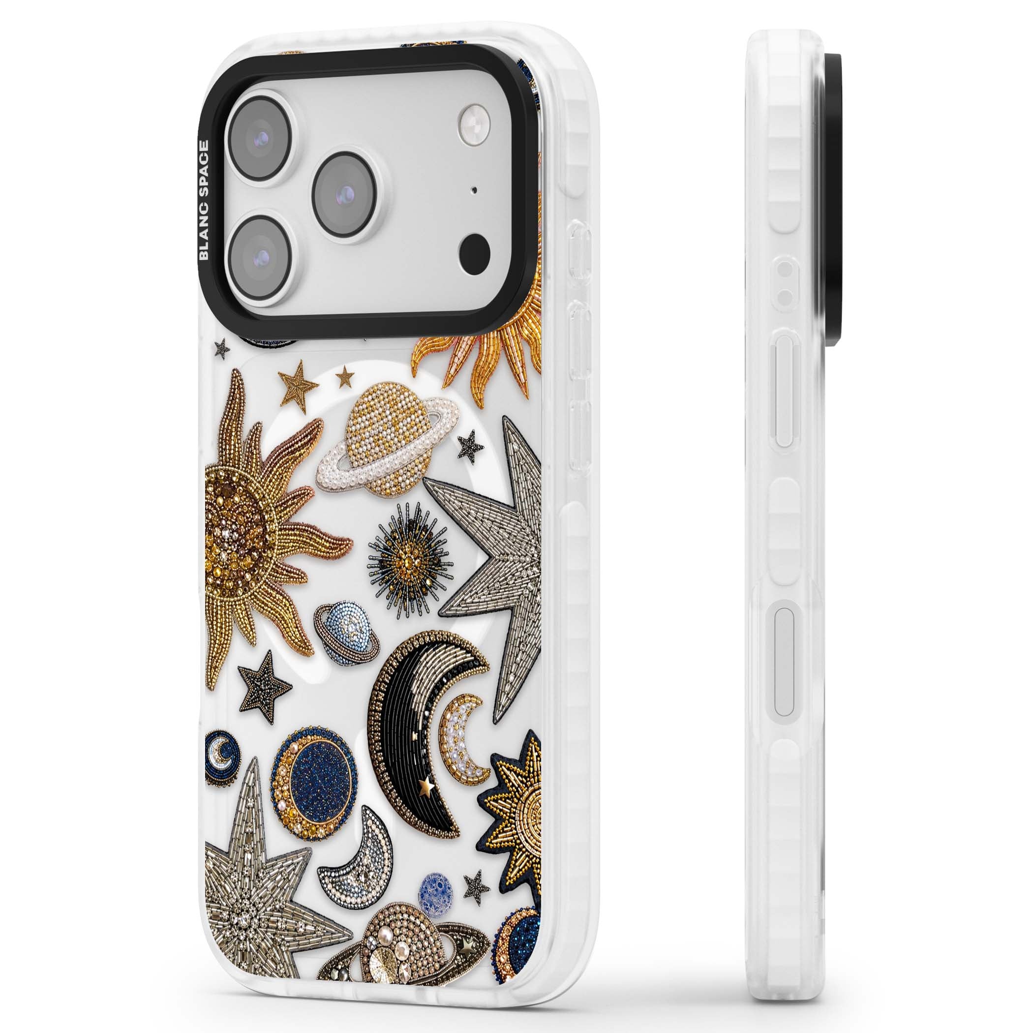 Beaded Cosmos celestial iPhone case featuring embroidered golden suns, beaded planets and silver shooting stars | Impact Magsafe case for iPhone 17 Pro, iPhone 17 Pro Max