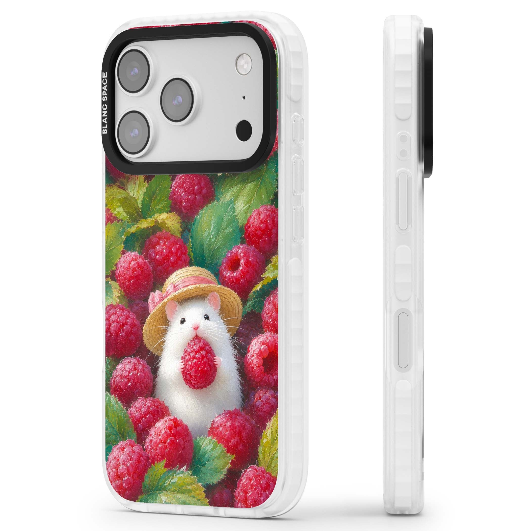 Berry Forager cottagecore iPhone case featuring a white hamster in a straw hat holding a raspberry surrounded by ripe ber | Impact Magsafe case for iPhone 17 Pro, iPhone 17 Pro Max