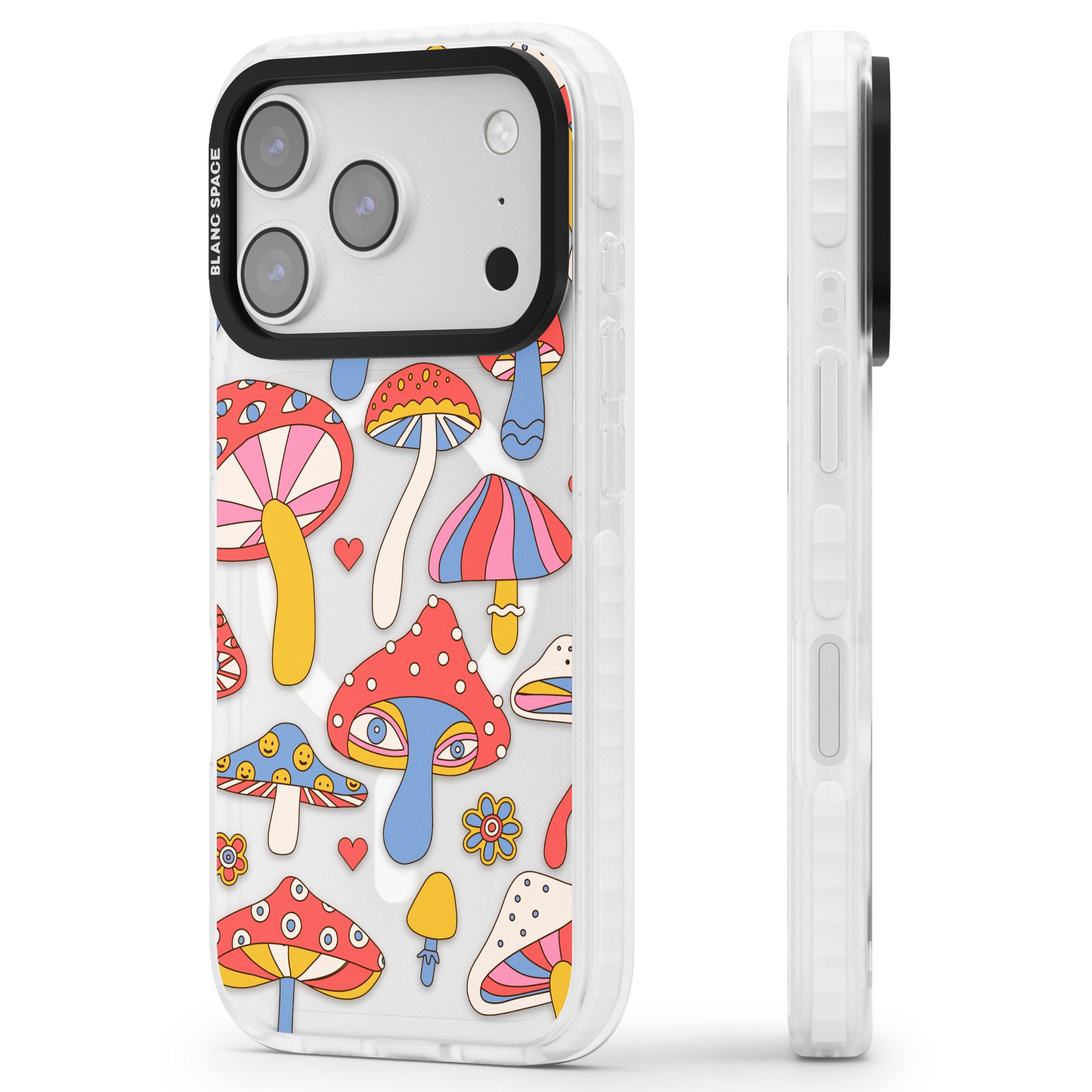 Vibrant Shrooms iPhone 17 Pro Impact Pro Clear Phone Case Side Profile