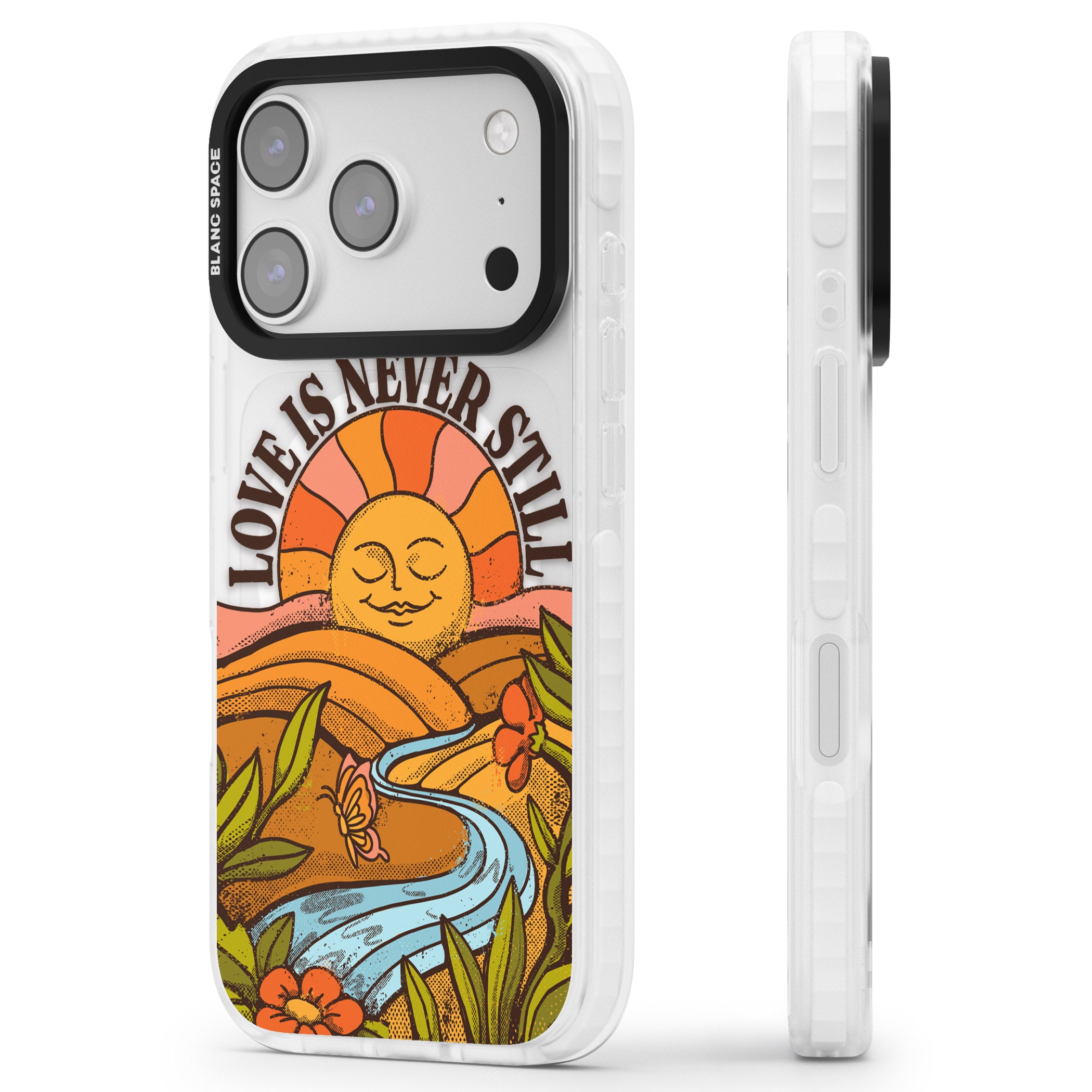 Love Is Never Still iPhone 17 Pro Impact Pro Clear Phone Case Side Profile