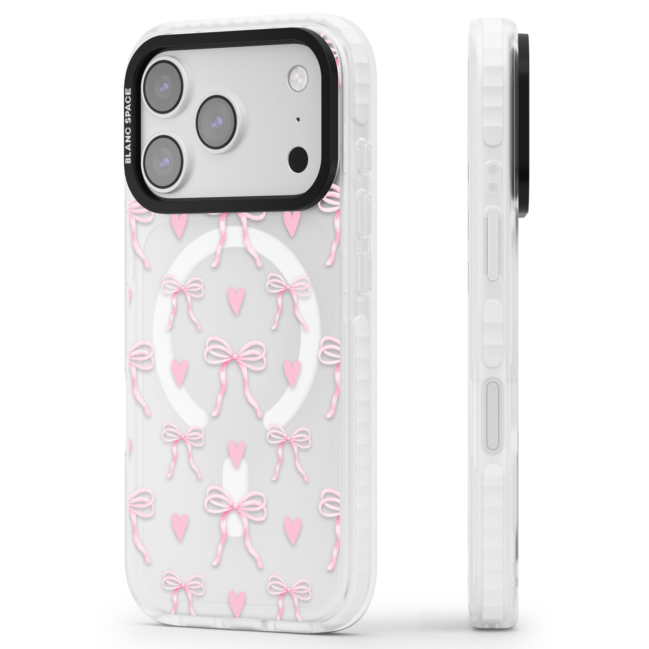 Pink Bows & Hearts iPhone 17 Pro Impact Pro Clear Phone Case Side Profile