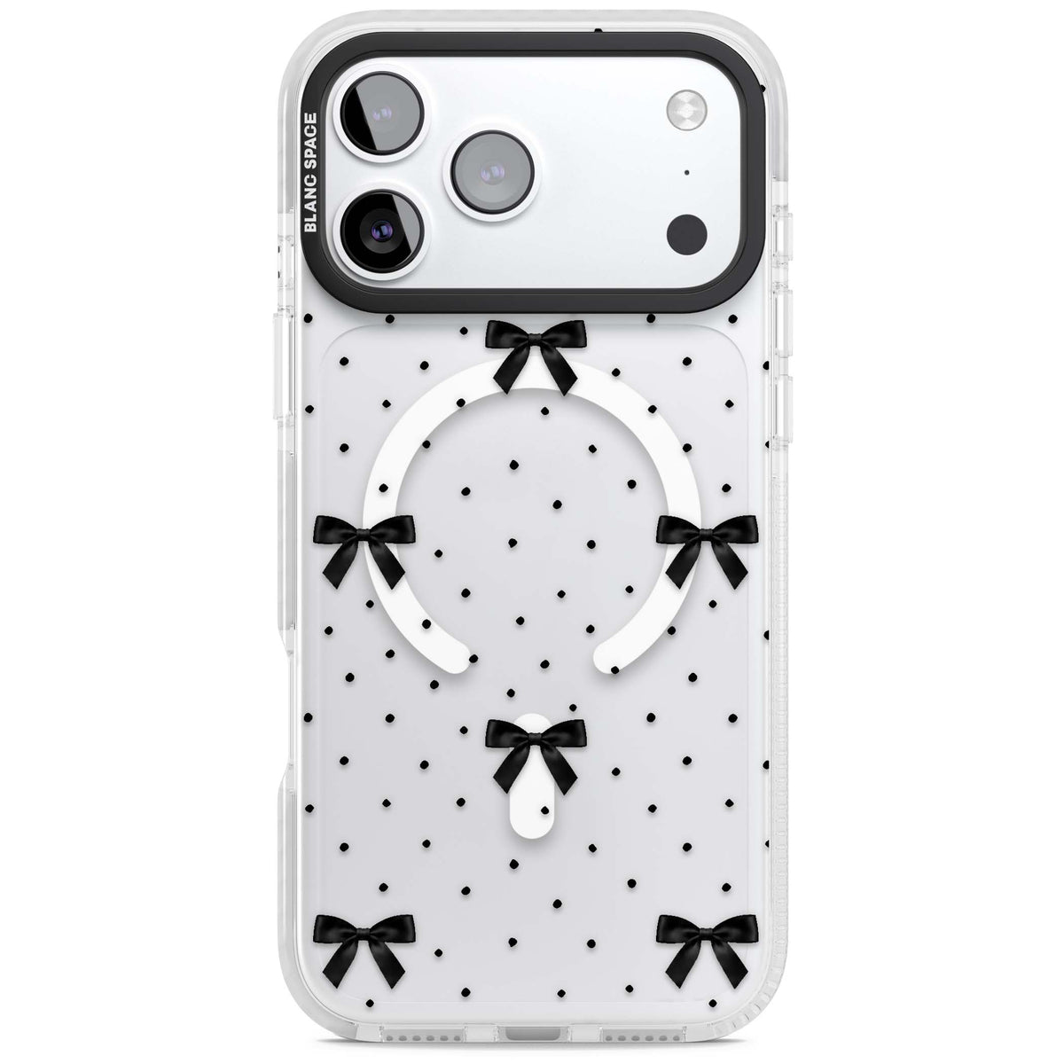 Black Polka Bows coquette iPhone case featuring scattered black satin bows and tiny polka dots on a clear base | Impact Magsafe case for iPhone 17 Pro, iPhone 17 Pro Max