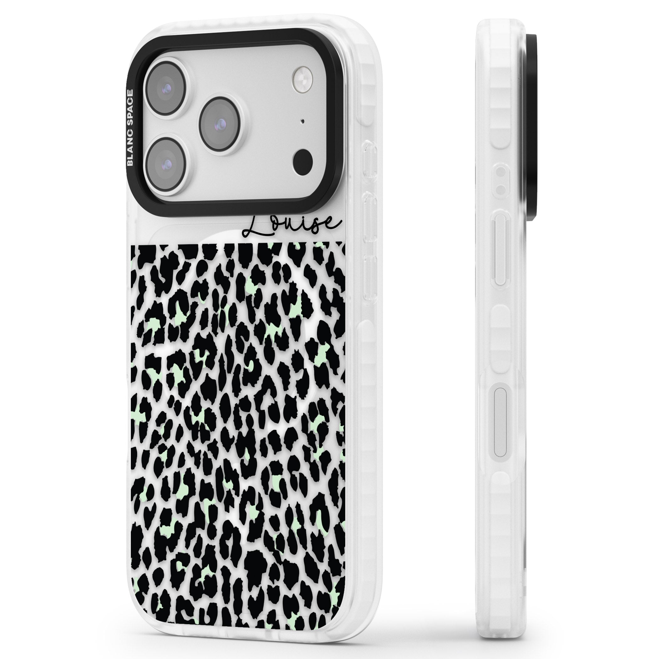 Personalised Seafoam Leopard iPhone 17 Pro Impact Pro Clear Phone Case Side Profile