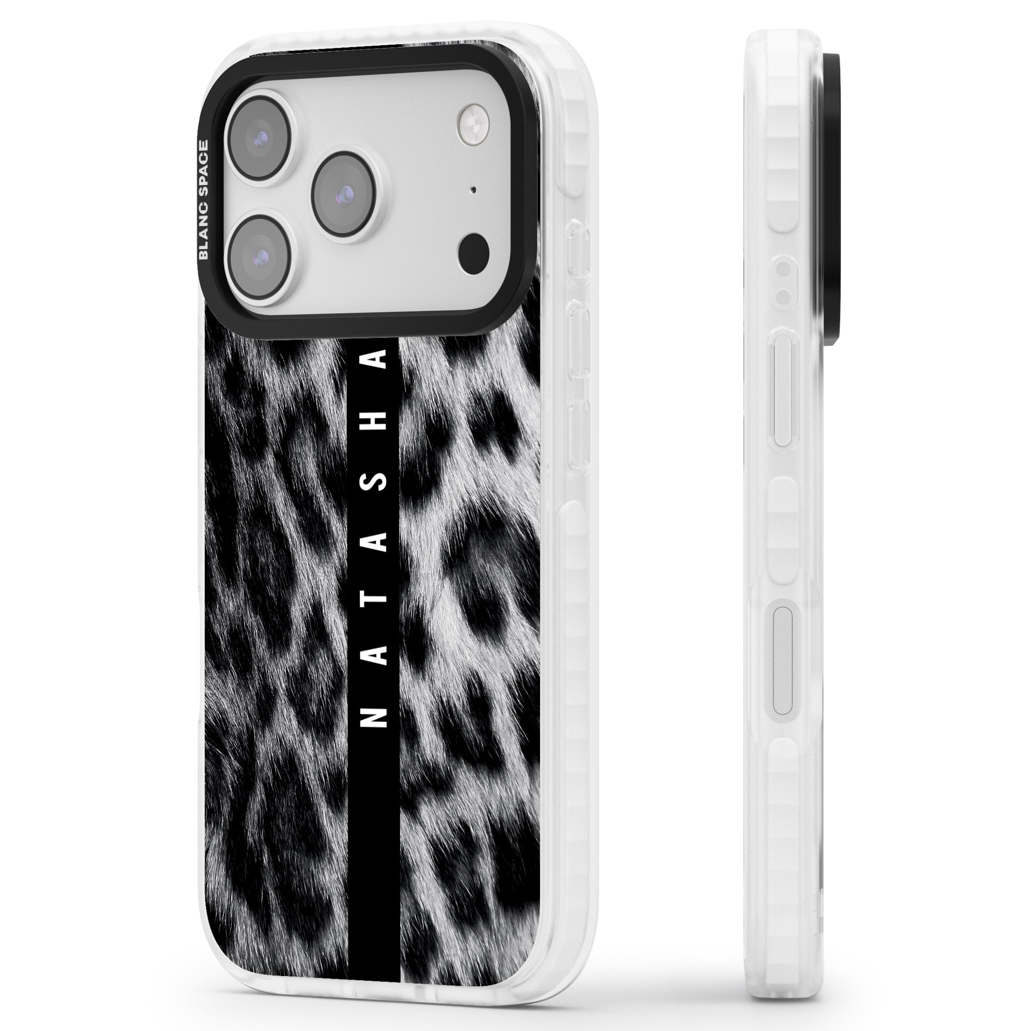 Personalised Snow Leopard Print iPhone 17 Pro Impact Pro Clear Phone Case Side Profile
