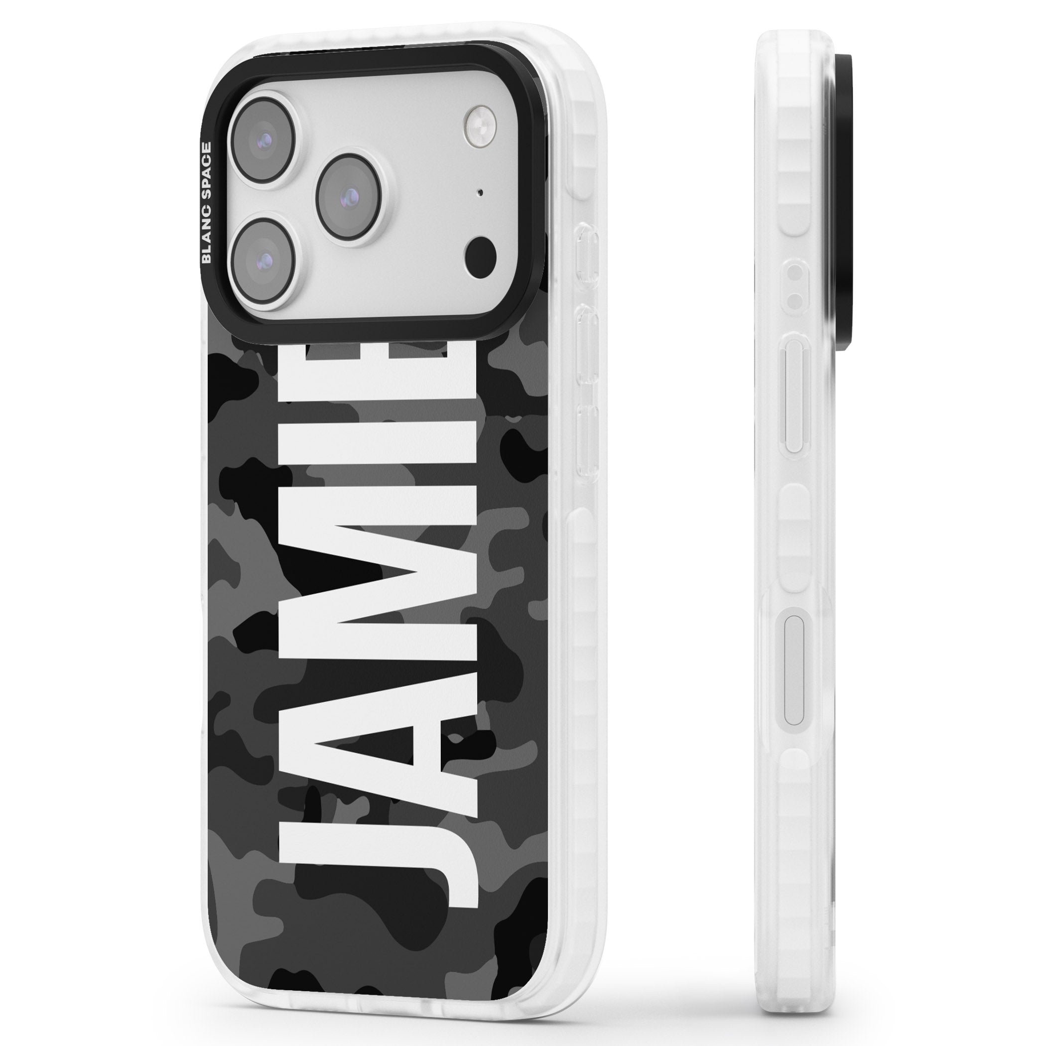 Personalised Black Camo Name Vertical iPhone 17 Pro Impact Pro Clear Phone Case Side Profile