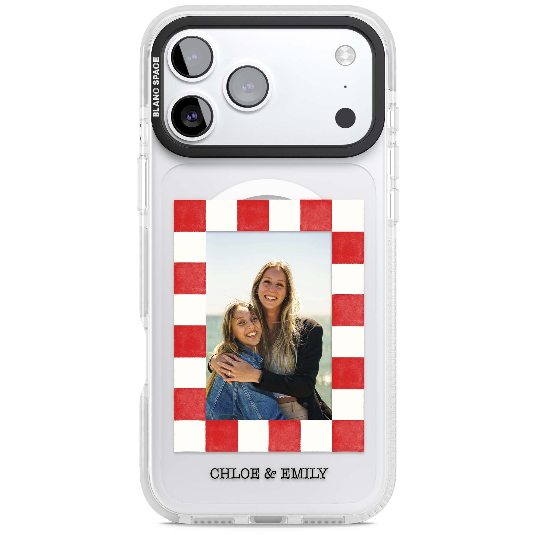 Red Check Photo personalised photo iPhone case with red and white checkered polaroid frame and custom couple name | Impact Magsafe case for iPhone 17 Pro, iPhone 17 Pro Max
