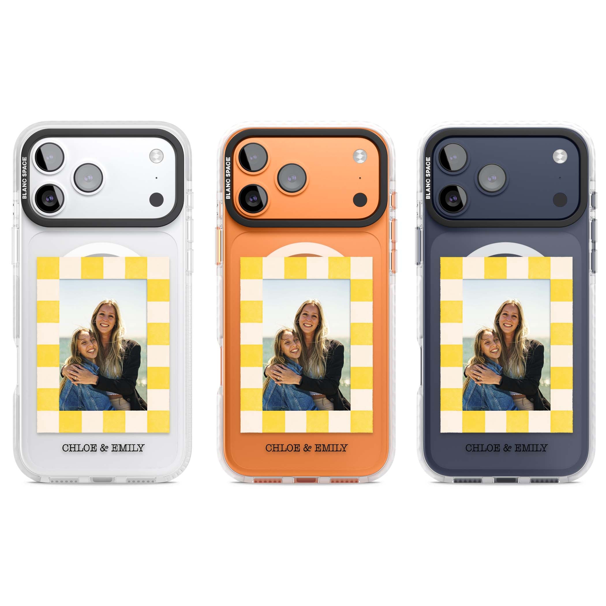 Yellow Check Photo personalised iPhone case with yellow checkered Polaroid frame and custom names beneath | Impact Magsafe case for iPhone 17 Pro, iPhone 17 Pro Max