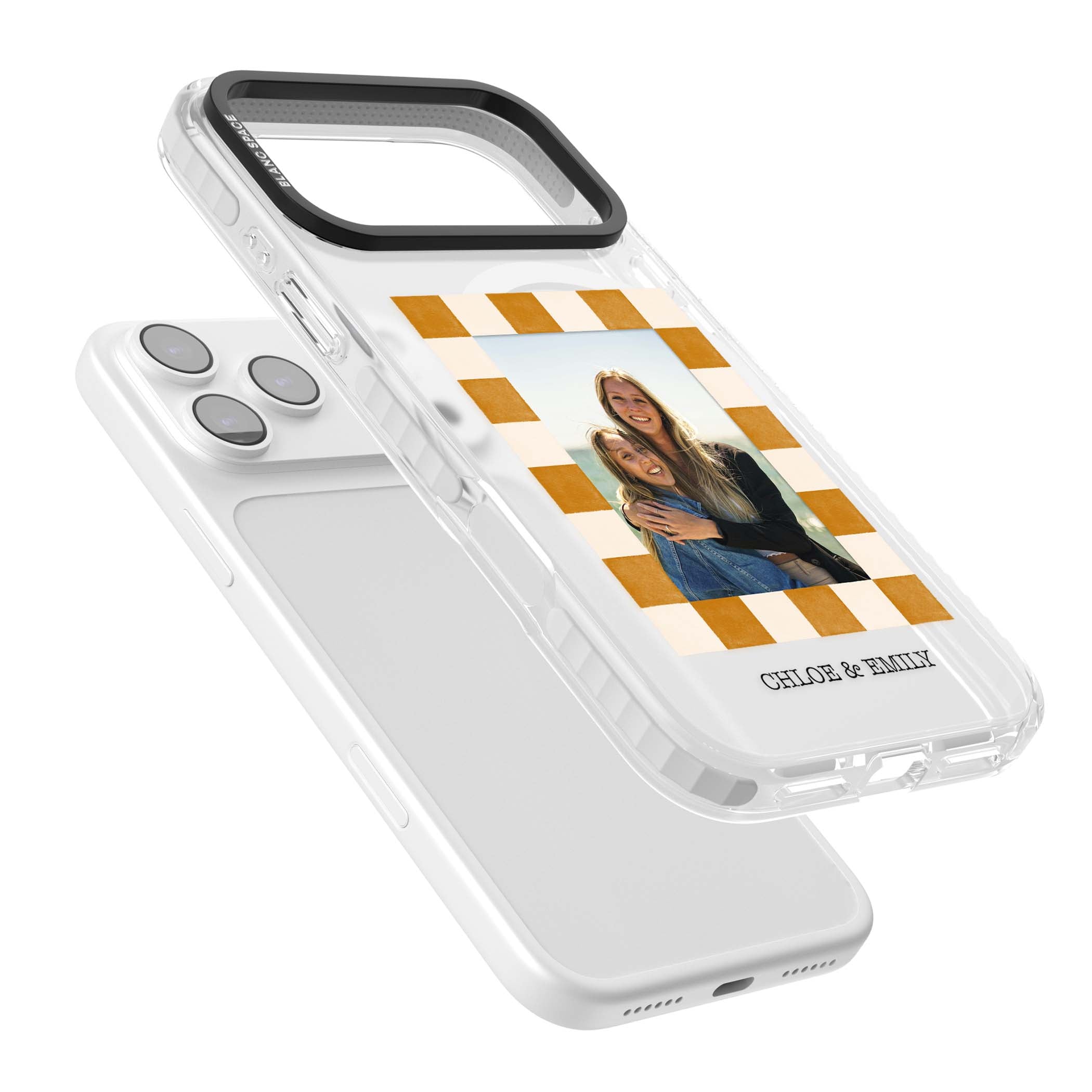 Citrus Check Photo personalised iPhone case with custom photo, orange checkered frame and names underneath | Impact Magsafe case for iPhone 17 Pro, iPhone 17 Pro Max
