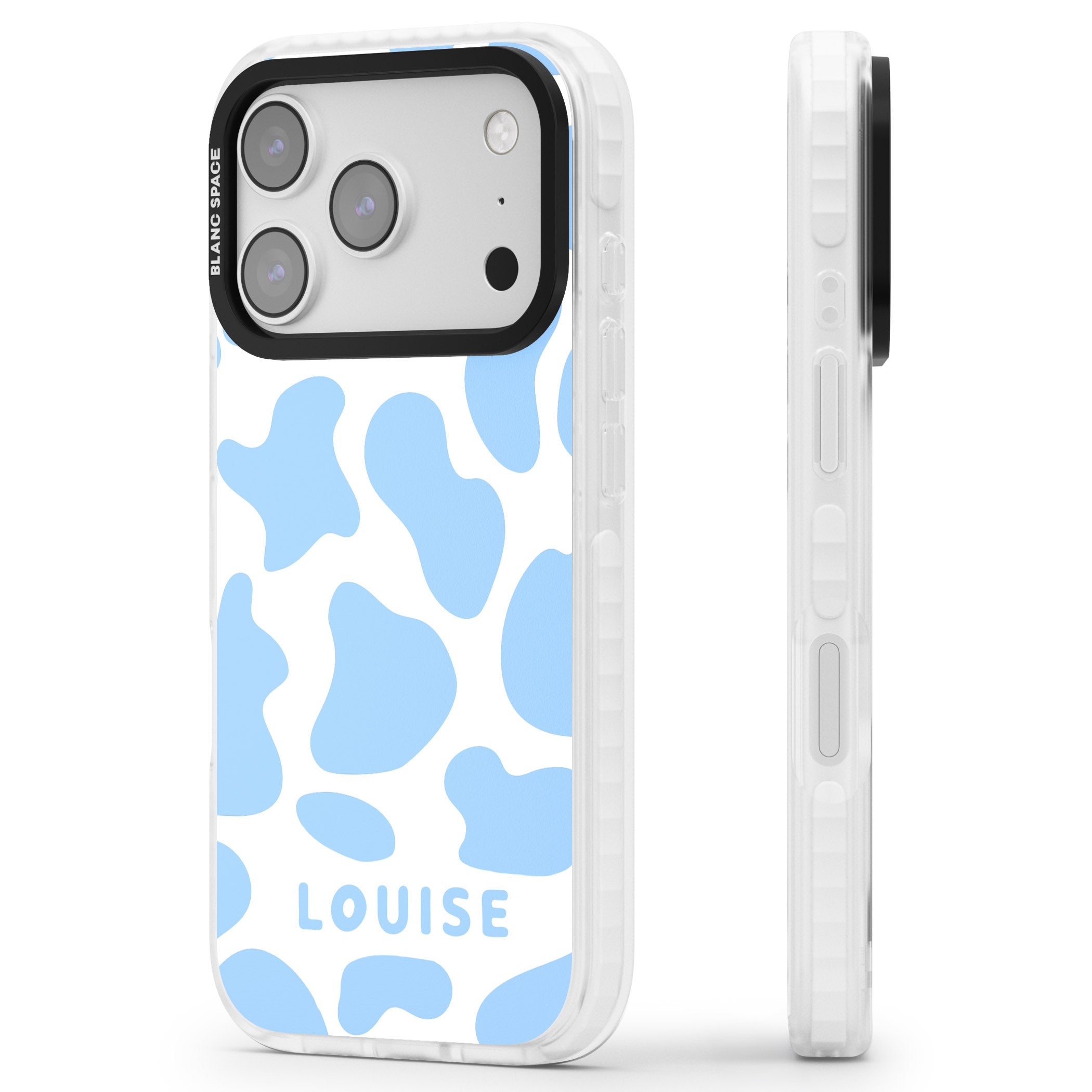 Personalised Blue And White Cow Print iPhone 17 Pro Impact Pro Clear Phone Case Side Profile