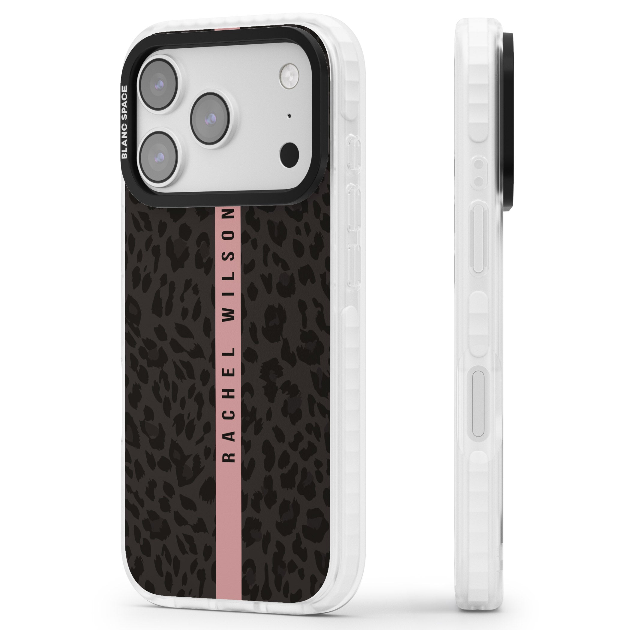 Personalised Pink Stripe Leopard iPhone 17 Pro Impact Pro Clear Phone Case Side Profile