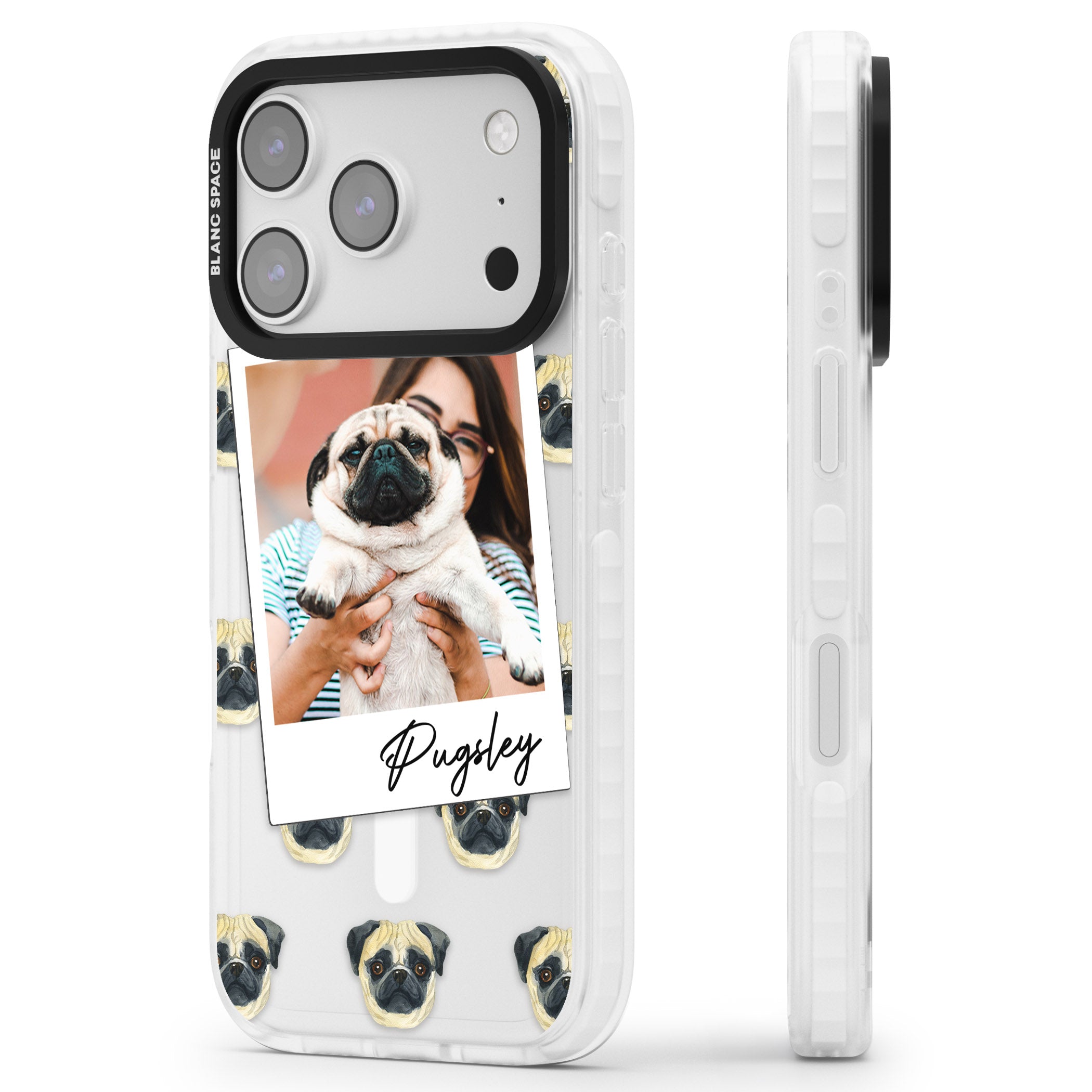 Personalised Pug Instant Camera Photo iPhone 17 Pro Impact Pro Clear Phone Case Side Profile