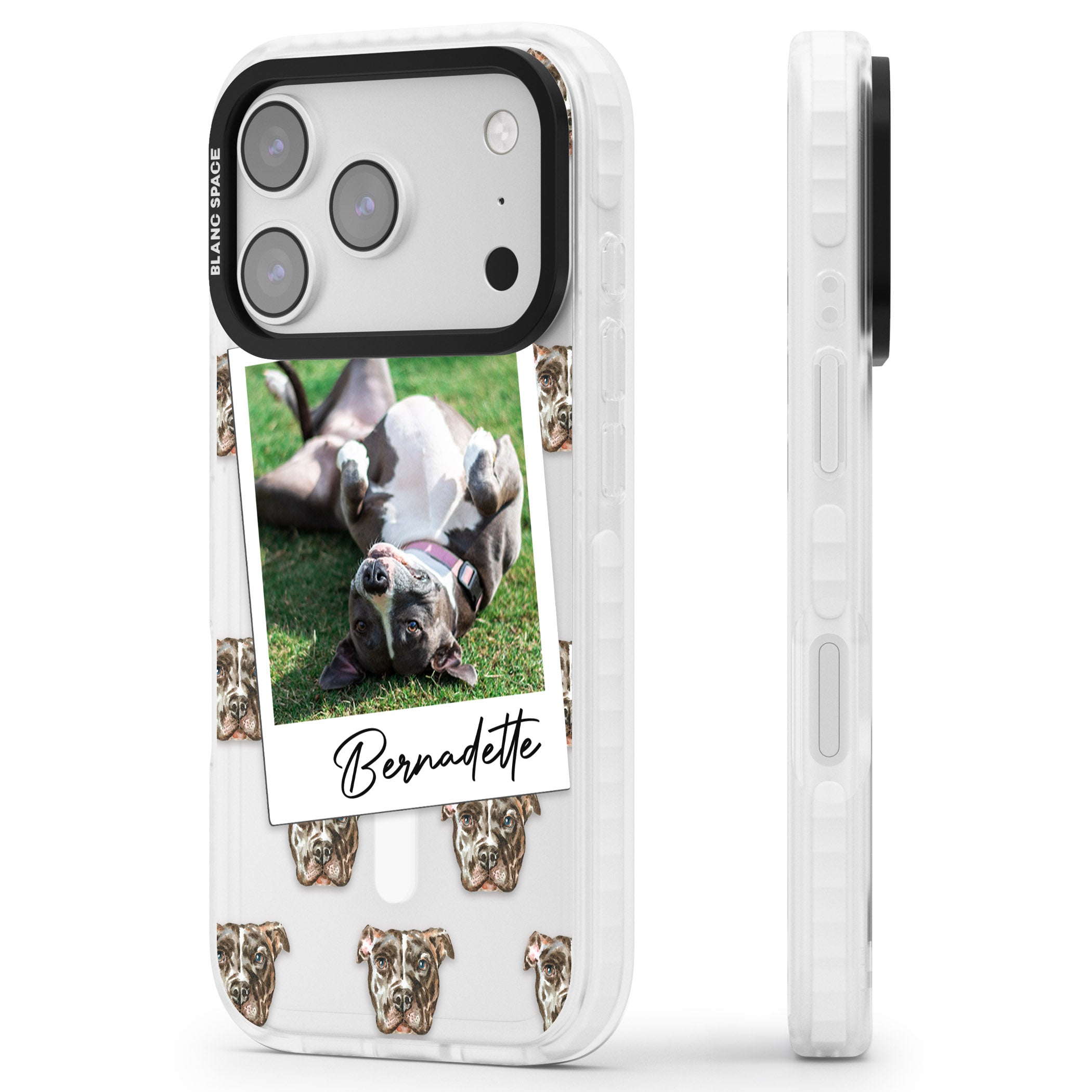 Personalised Staffordshire Bull Terrier Instant Camera Photo iPhone 17 Pro Impact Pro Clear Phone Case Side Profile