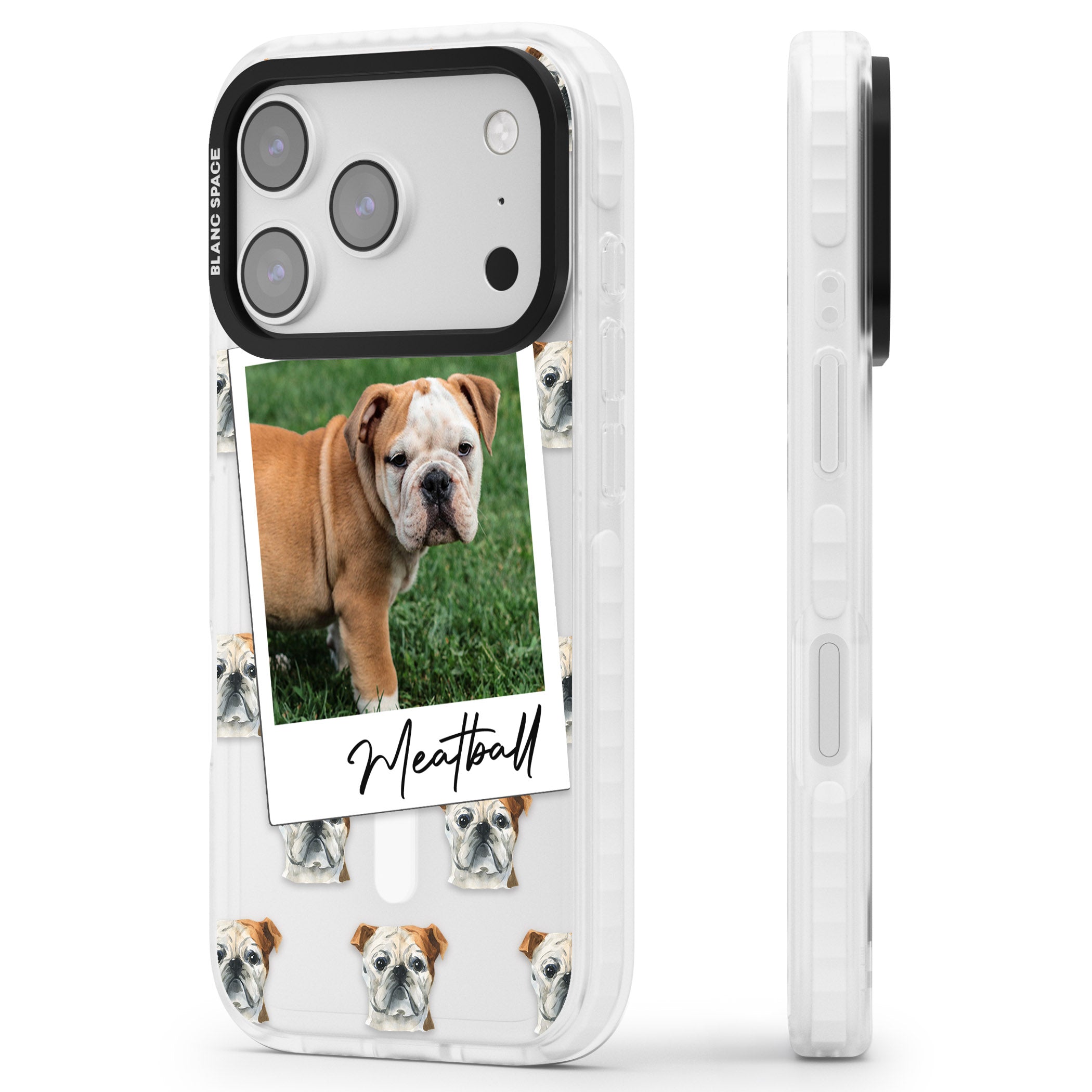 Personalised English Bulldog Instant Camera Photo iPhone 17 Pro Impact Pro Clear Phone Case Side Profile