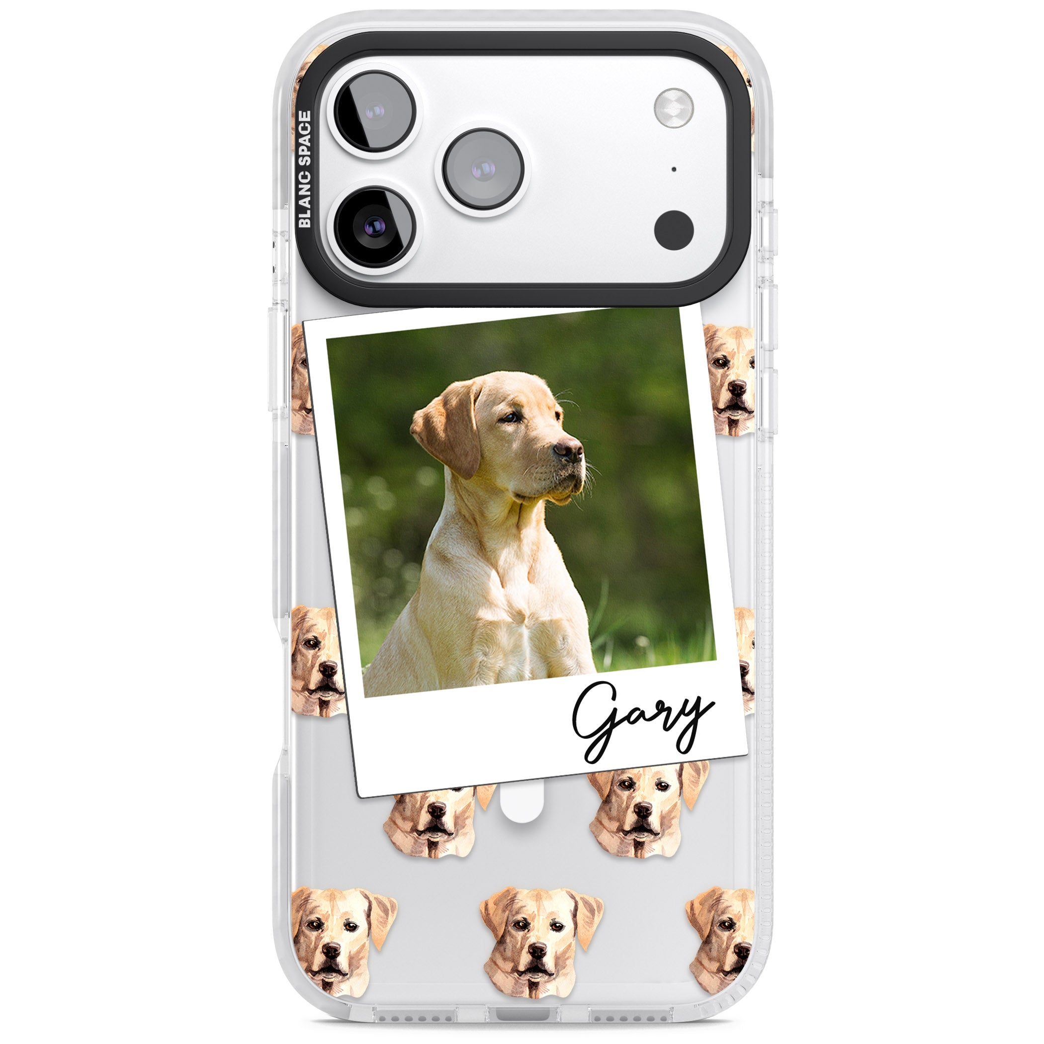 Personalised Tan Black Labrador Instant Camera Photo iPhone 17 Pro Impact Pro Clear Phone Case