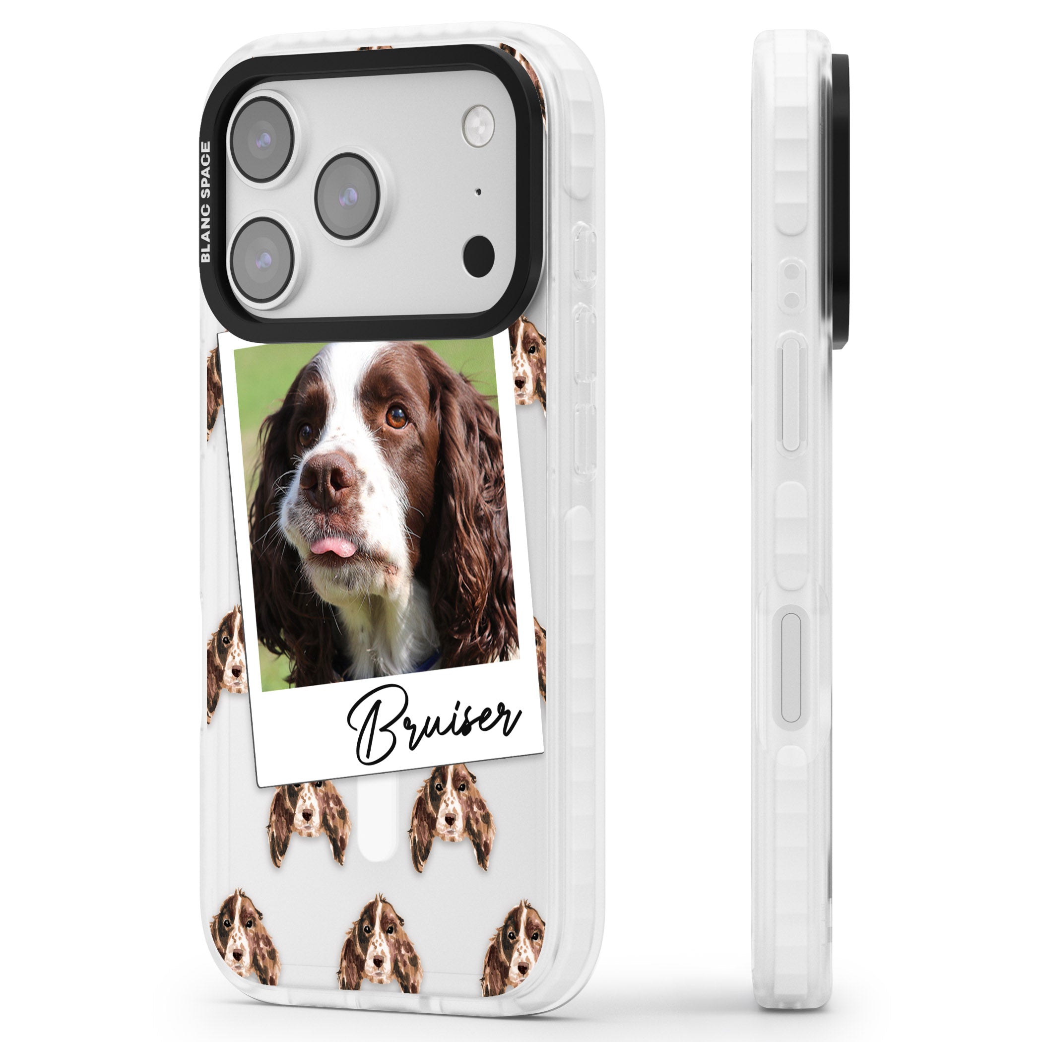 Personalised Springer Spaniel Instant Camera Photo iPhone 17 Pro Impact Pro Clear Phone Case Side Profile