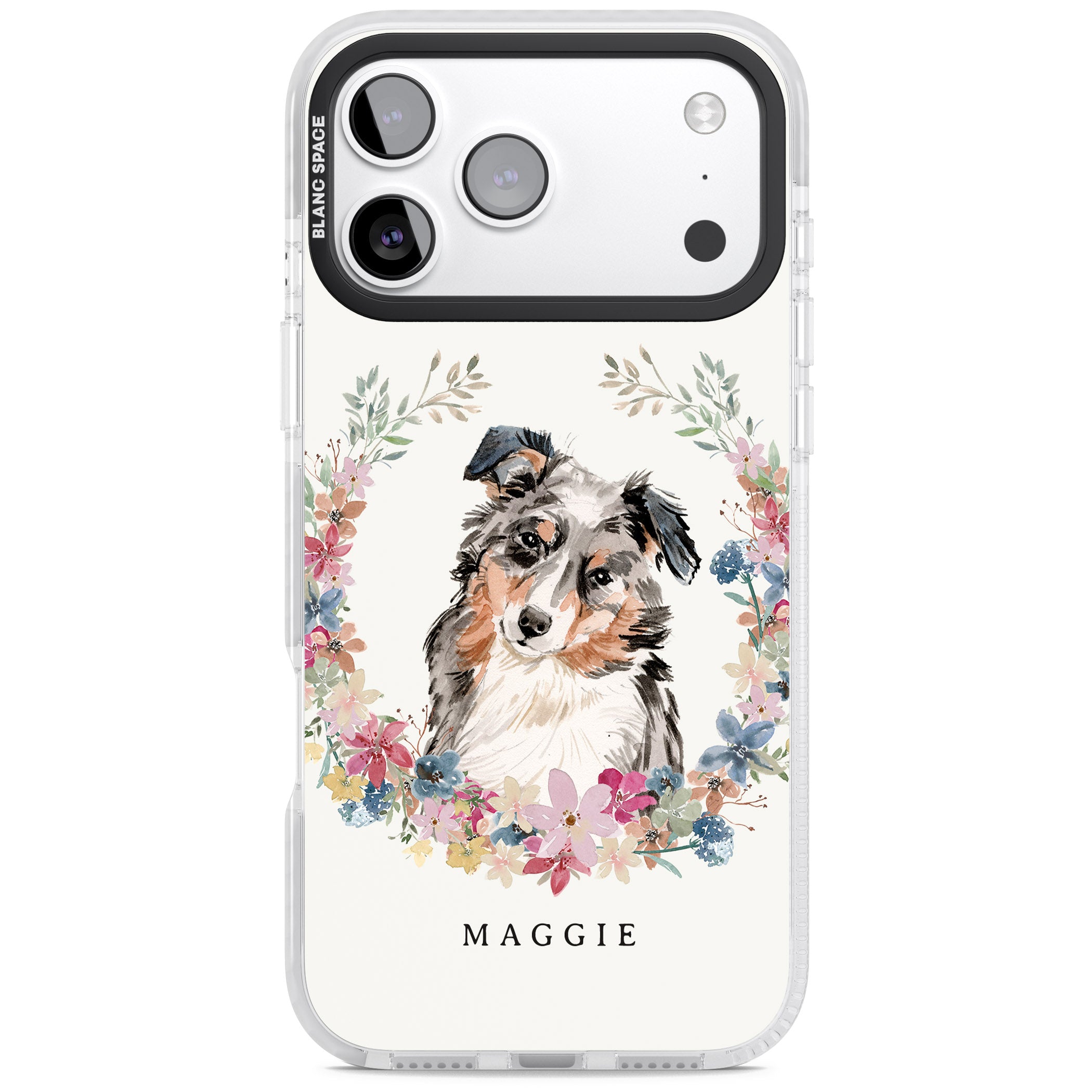 Personalised Australian Shepherd Floral Portrait iPhone 17 Pro Impact Pro Clear Phone Case