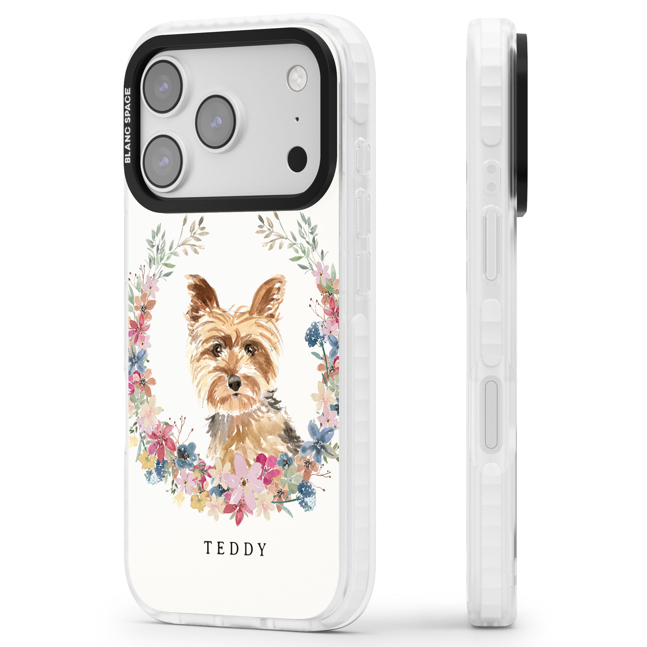 Personalised Yorkshire Terrier Floral Portrait iPhone 17 Pro Impact Pro Clear Phone Case Side Profile