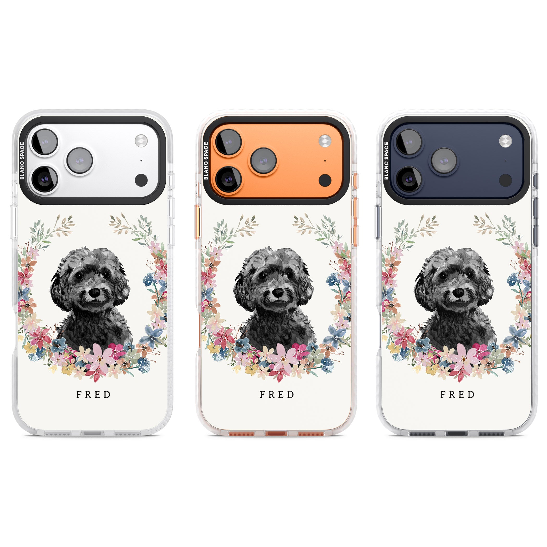 Personalised Black Cockapoo Floral Portrait iPhone 17 Pro Impact Pro Clear Phone Case APT Impact Protection